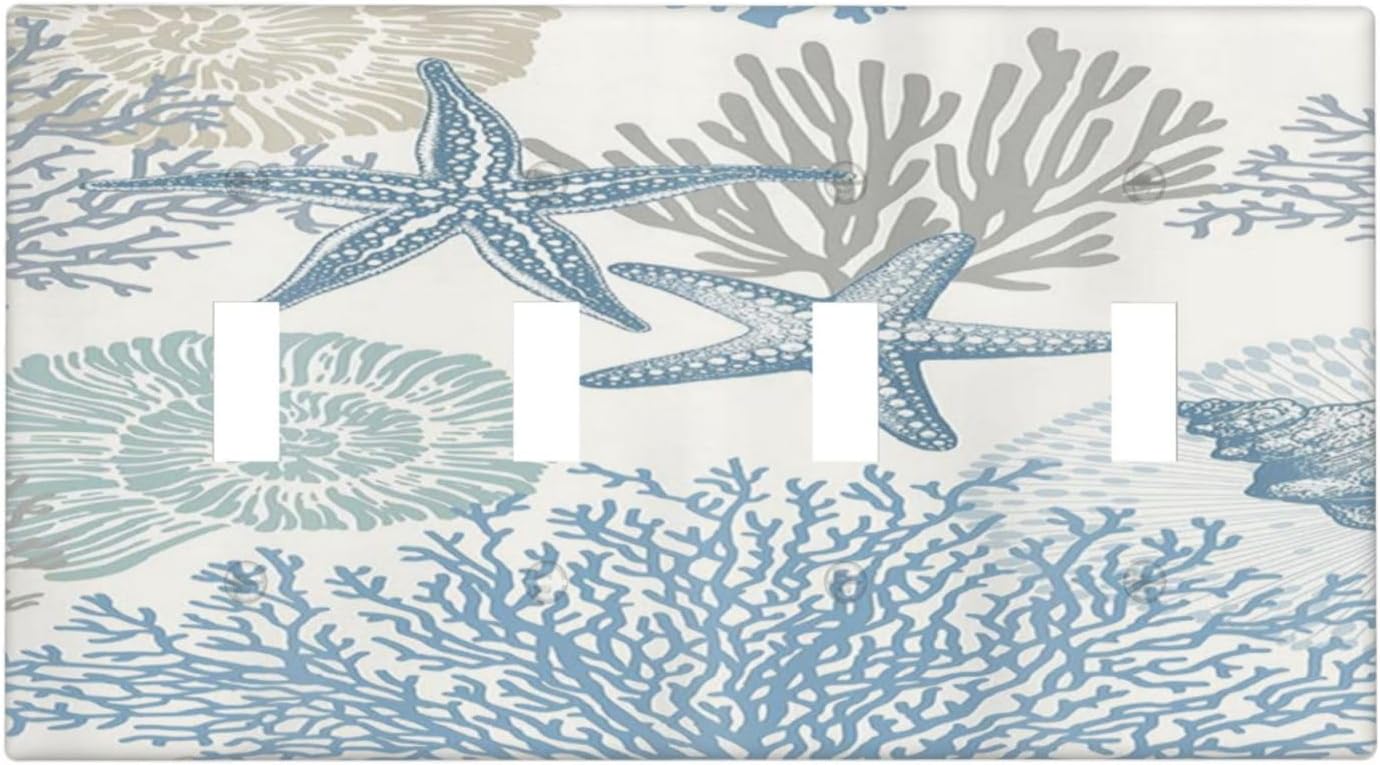 Decorative Light Switch Plate Covers Blue Starfish Coral Seaweed 4 Gang Light Switch Cover Quad Toggle Wall Plate Outlet Covers for Bathroom Bedroom Decor