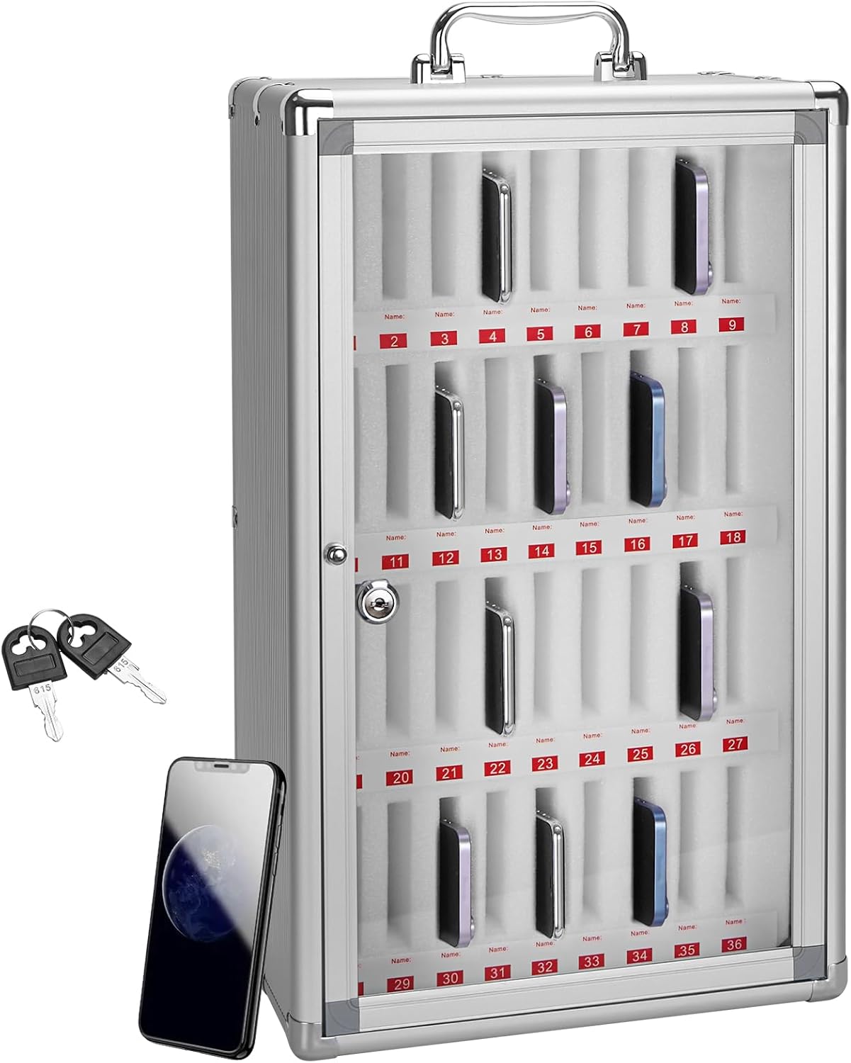 36 Slots Cell Phone Locker,Pocket Chart Cell Phones Storage Cabinet for Cell Phones,Wall-Mounted with a Locked, Lock Box for Phone with Handle for Enterprise & Classroom - Silver