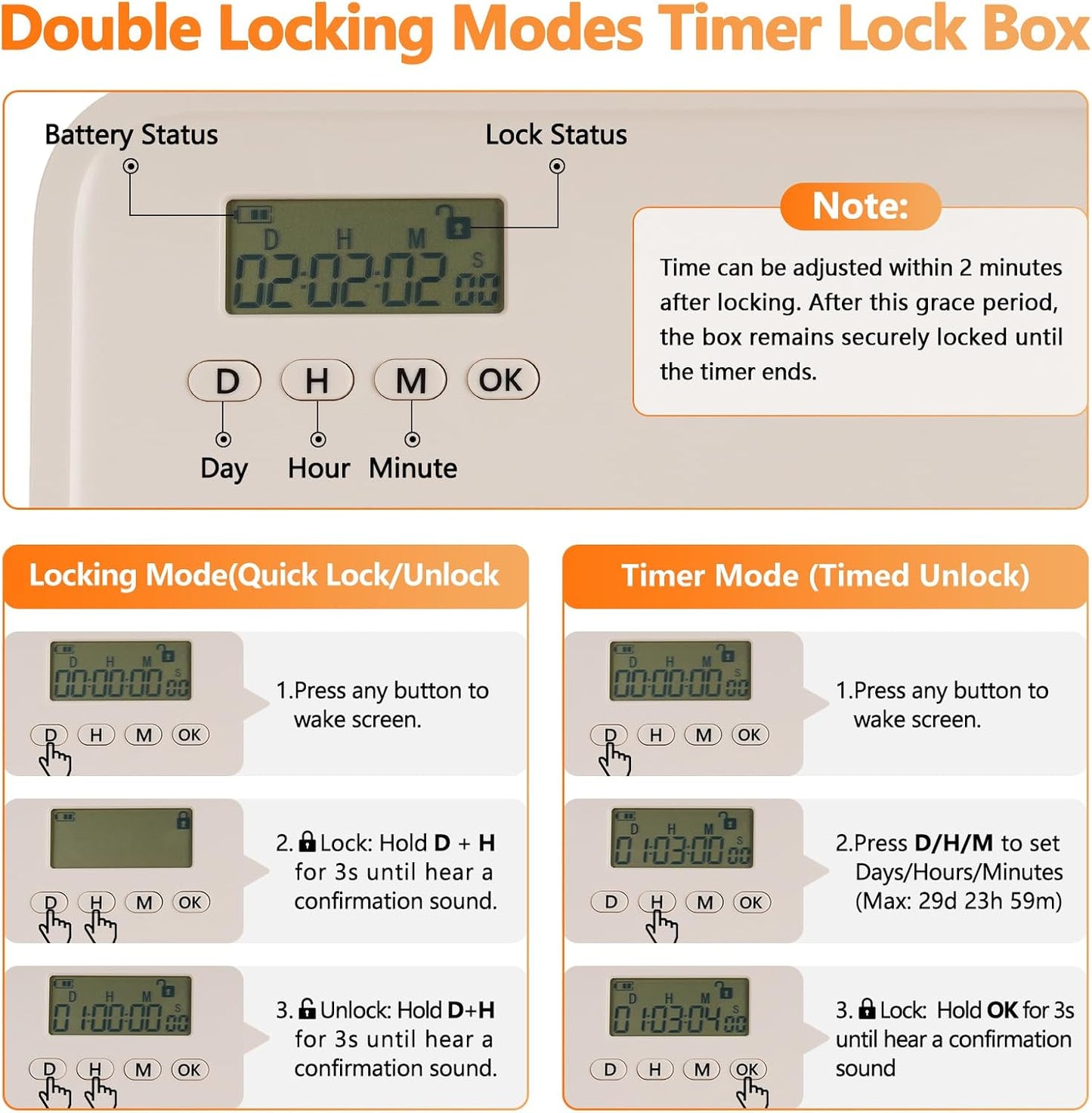 Timed Lock Box for Phone & Snacks | 2-in-1 Smart Lock with Digital Timer & Quick Access | BPA-Free Refrigerator Safe Container for Medicine,Electronics (5.5x5.5x6.3in)