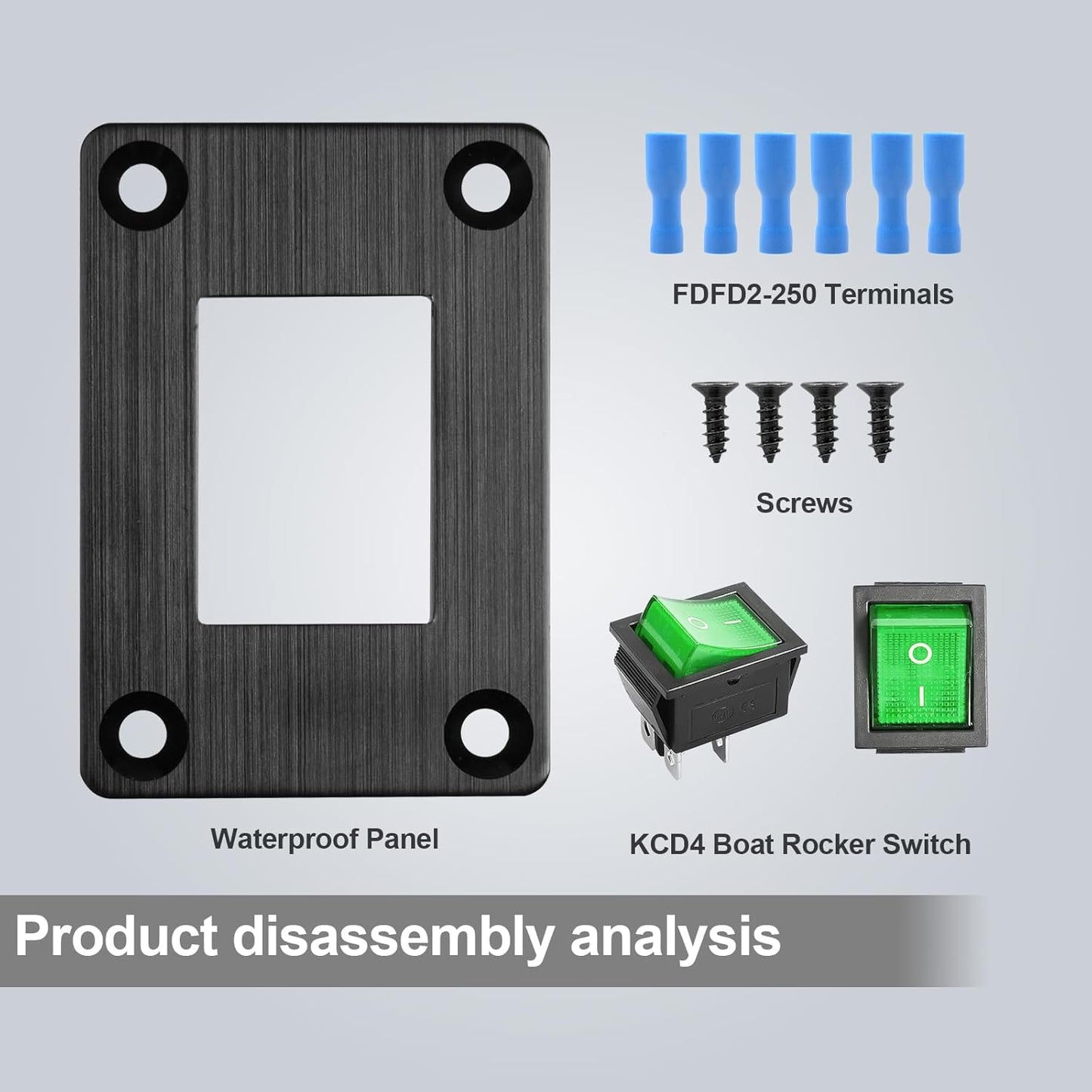 1Pcs Green LED KCD4 Boat Rocker Switch 2-Position 4-Pin DPST Panel Switch 16A 250VAC 20A 125VAC, with 6pcs FDFD2-250 Blue Terminals, CE