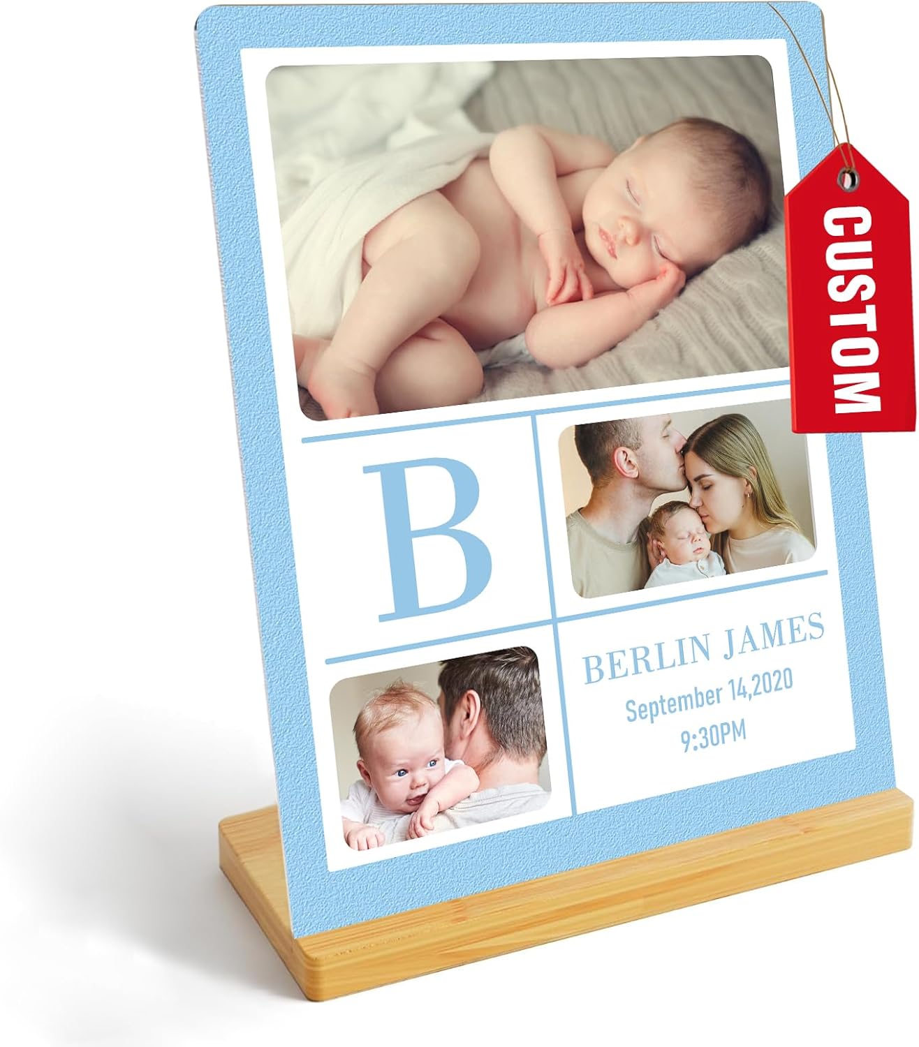 Custom Photo Prints - Metal Desktop Picture Frame with Baby's Photos & Name & Wooden Base Personalized Newborn Memorial Gifts for Family Friends and Lovers, Optional Multiple Sizes
