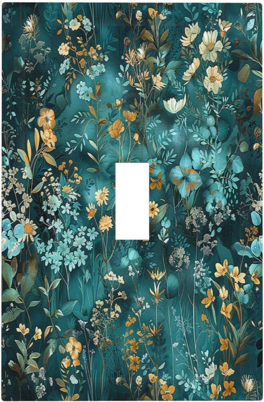 Decorative Light Switch Cover Green Leaf Floral Boho Golden Flower Plant 1 Gang Single Toggle Device Electrical Faceplate Switchplates Decorator Outlet Wall Plate For Bed Room Cabin
