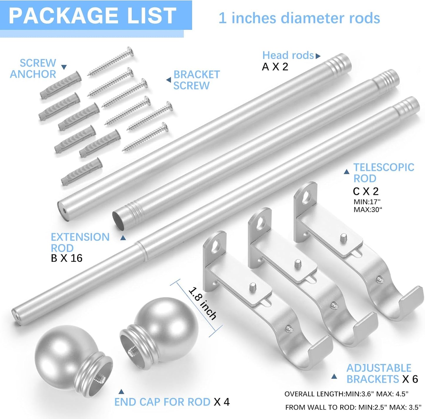 Curtain Rods for Windows 16 to 150 Inches, Curtain Rod Max Adjustable Length of 160 IN, 1" Diameter Drapery Rods Round Finials, Satin Silver, Pack of 2