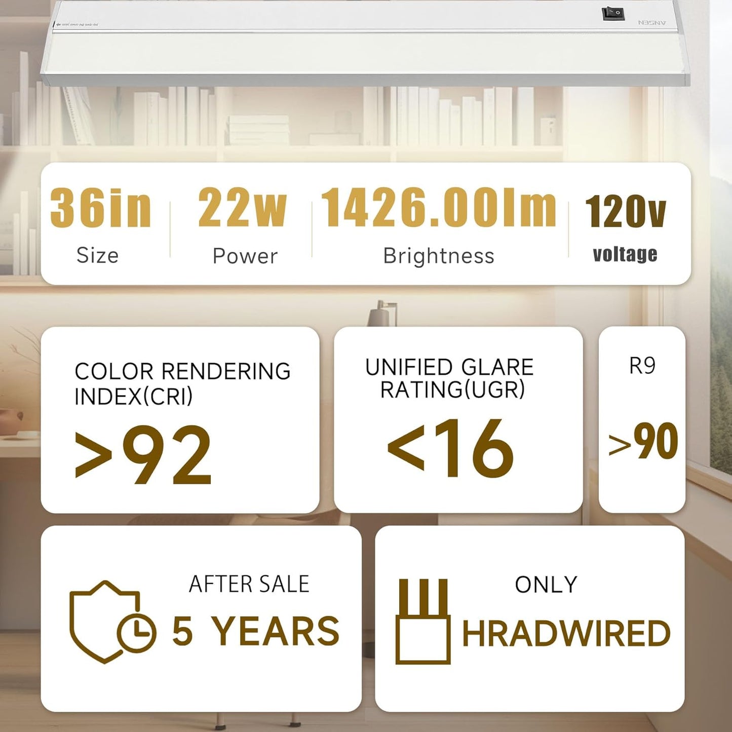 Ansen Hardwired Under Cabinet Lighting, 36in 22W LED Light for Kitchen/Closet, 1426lm, CRI>92, R9>90, Dimmable, 3 Color Temperature, 3000K/4000K/5000K(Warm White, Cool White, Daylight)