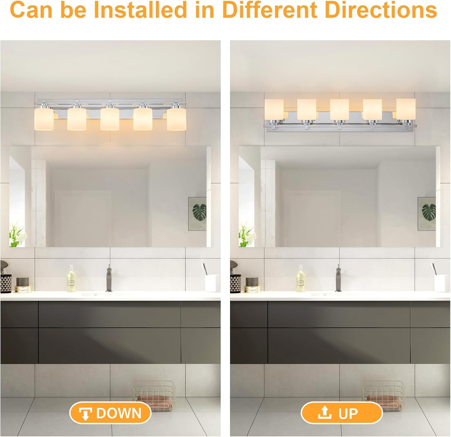 5 Light Modern Bathroom Light Fixtures Over Mirror, Chrome Vanity Lights for Bathroom Wall Sconces with Milky White Glass Shades, E26 Socket (Bulbs Not Included)