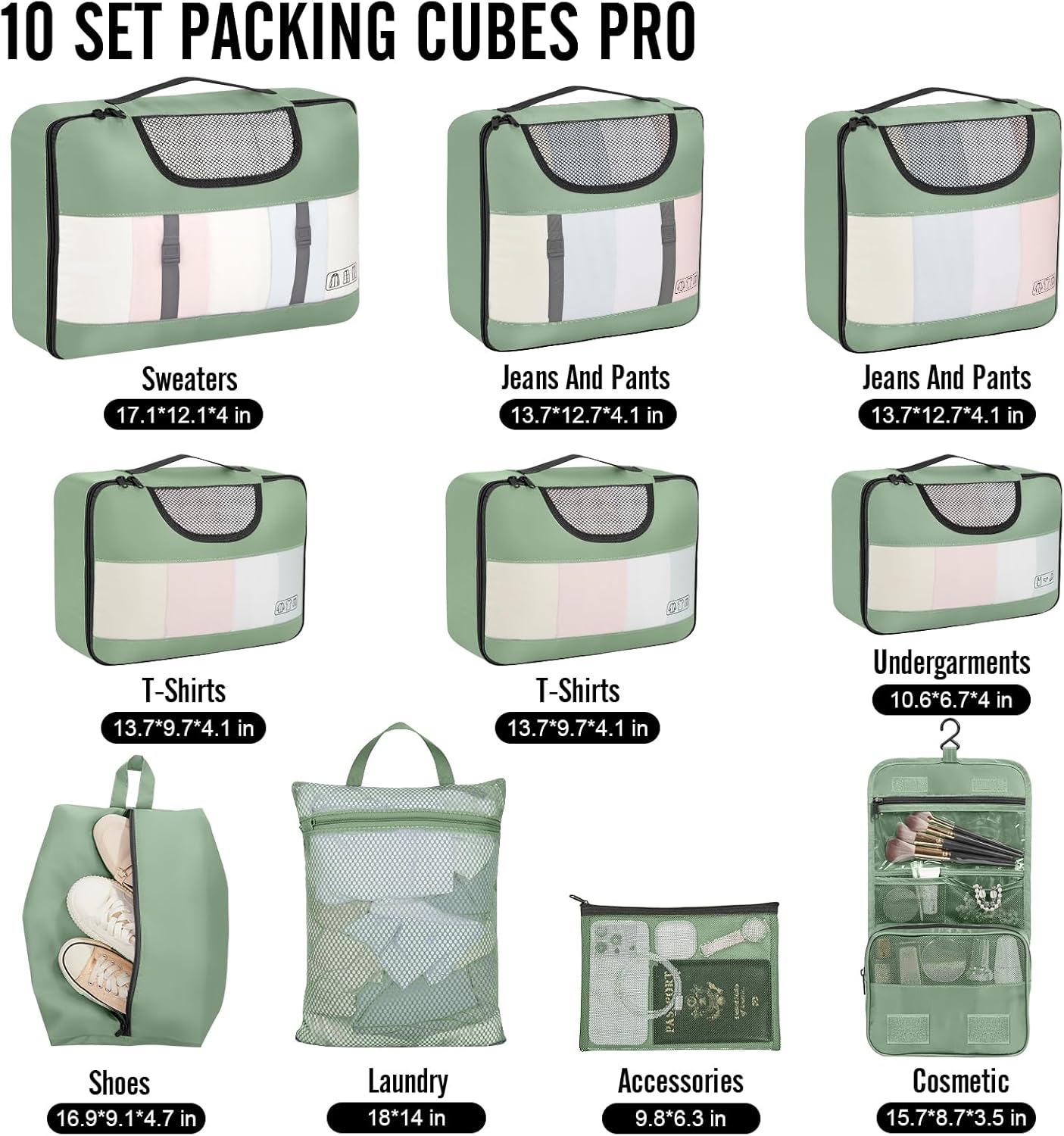 Veken 10 Set Packing Cubes for Travel Essential, Suitcase Organizer Bags in 4 Sizes, Carry-On Luggage Accessories with Large Laundry & Hanging Toiletry Bag, Must-Have for Airplane, Road Trip & Camping