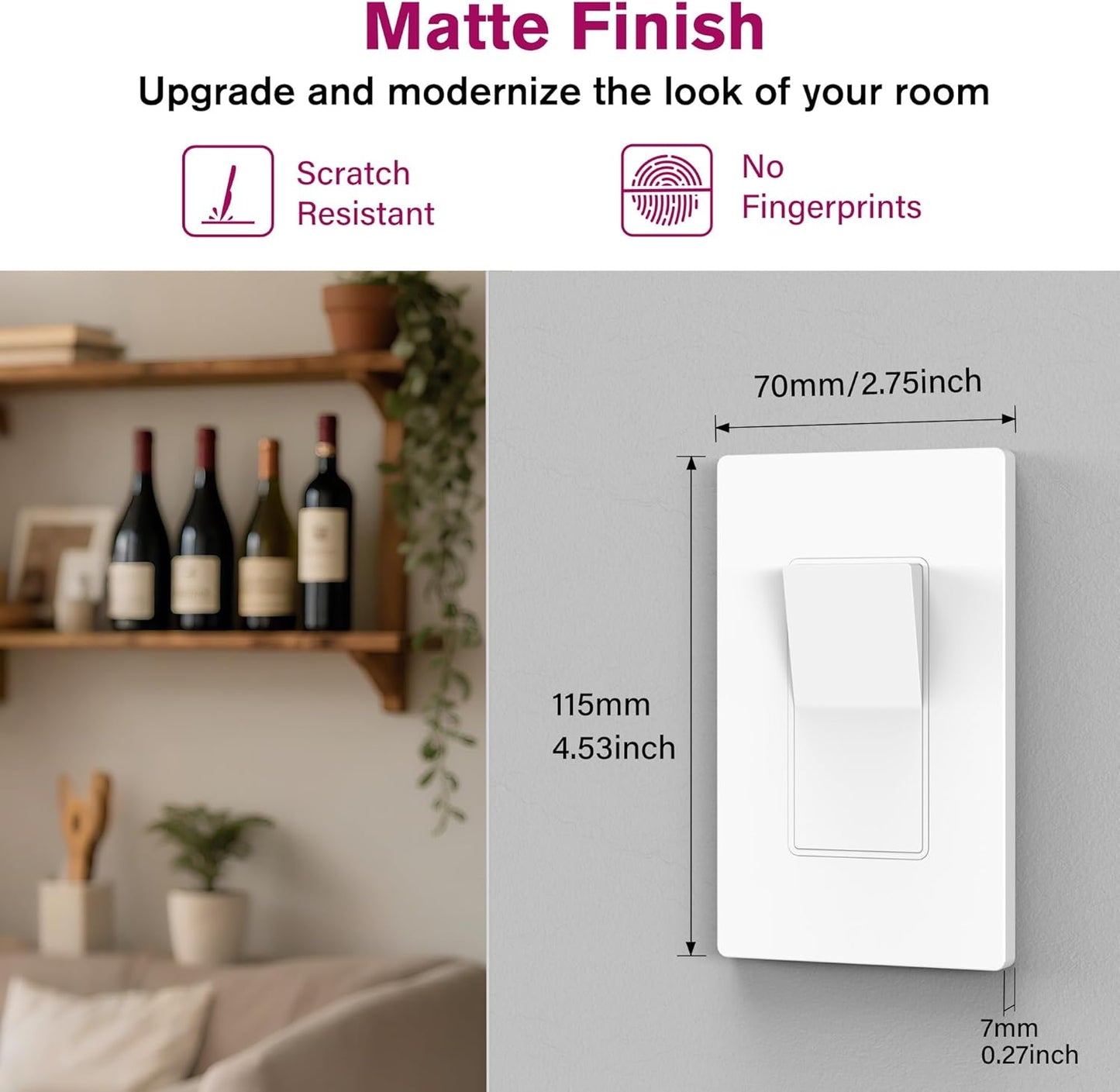 EMITEVER 1-Gang Screwless Decorator Wall Plate Cover for Receptacle Outlet & Light Switch, Standard Size 4.53"H x 2.75"W, Unbreakable Thermoplastic Faceplate, UL Listed, Matte White 1-Pack
