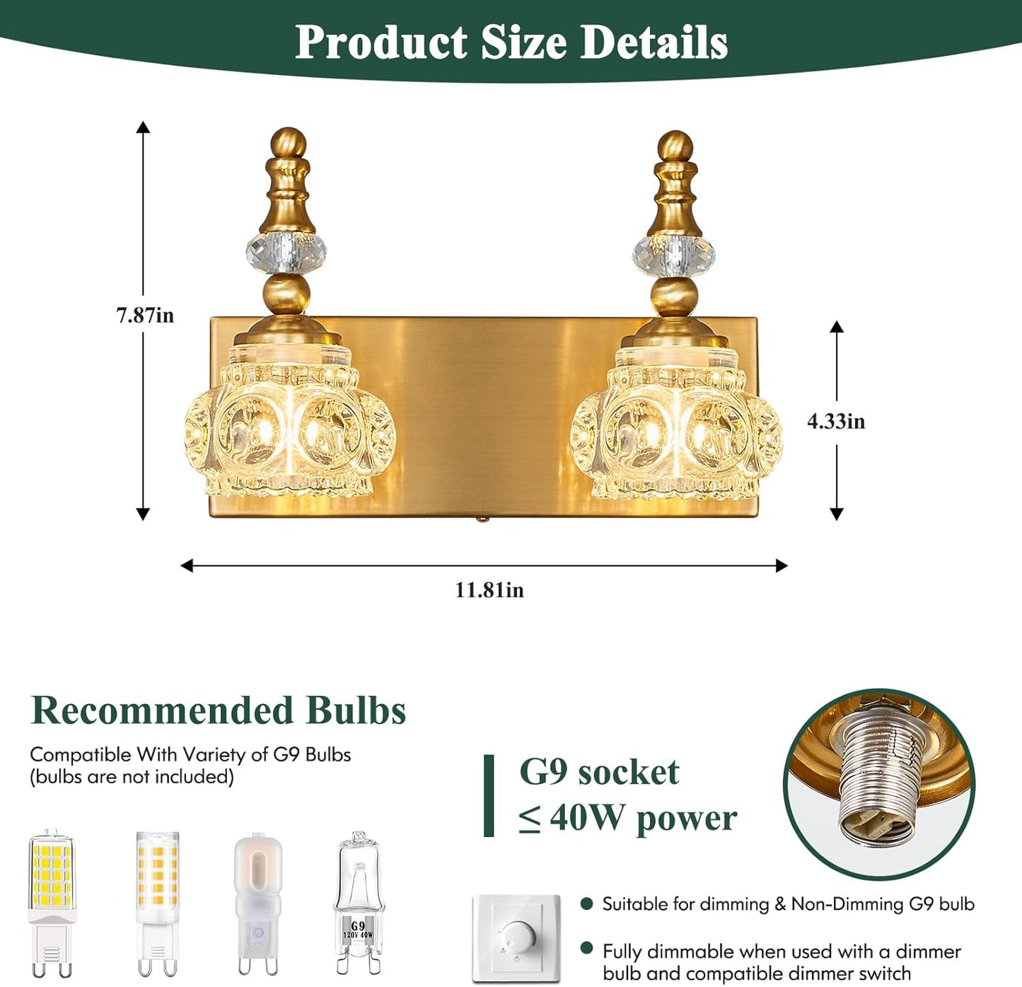 Modern Glass Crystal Vanity Light - Vintage Bathroom Lighting Fixtures Over Mirror, 2 Light Vanity Lights G9 Bulb (11.81 Inch, Gold)