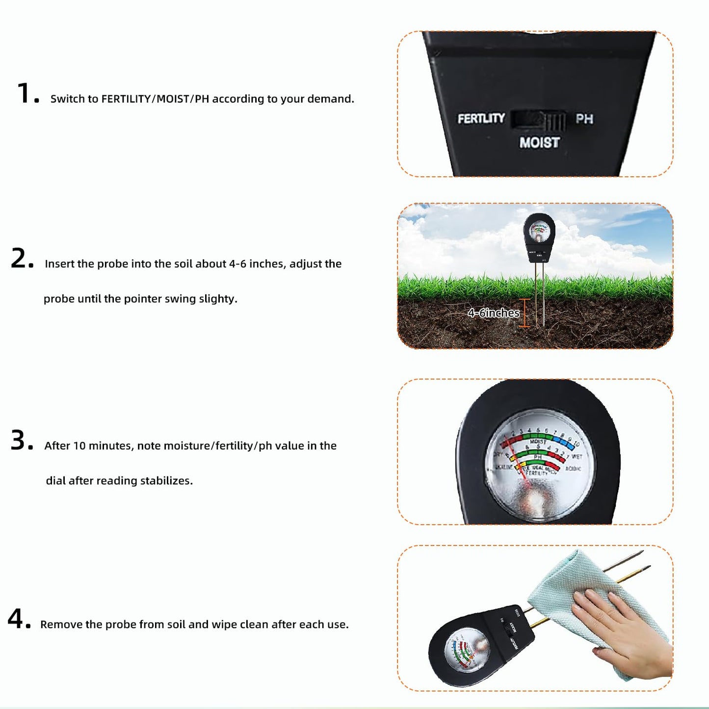 3-in-1 Soil Moisture Meter pH & Fertility Tester, No Battery Needed Plant Soil Test Kit for Houseplants, Garden, Lawn & Farm, Plug-and-Read Soil Acidity Meter for Indoor Outdoor Potted Plants (Black)