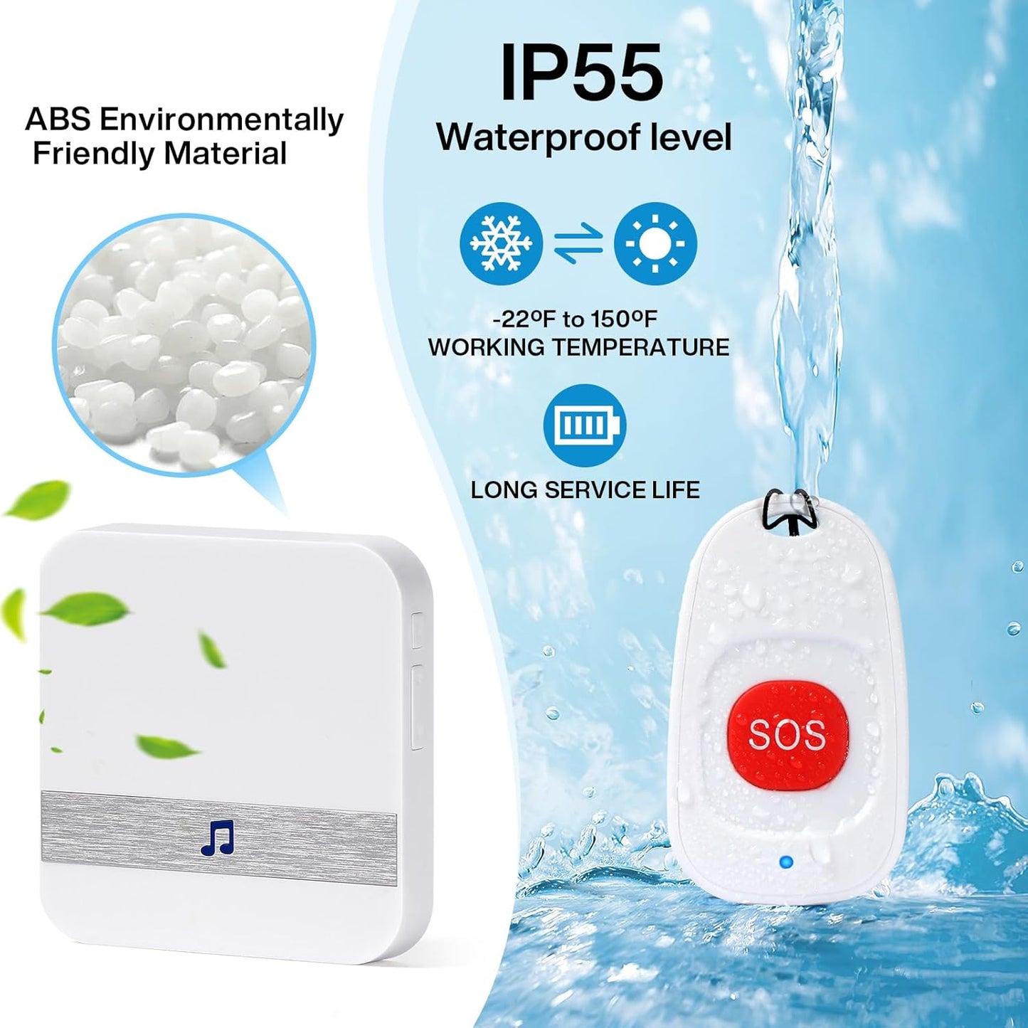Caregiver Pagers Wireless Call Button for Elderly Patient Personal in Home Life Alert System for Seniors Range 260ft/80Menter,60 Ringtones (3 Call Buttons + 2 Receivers)