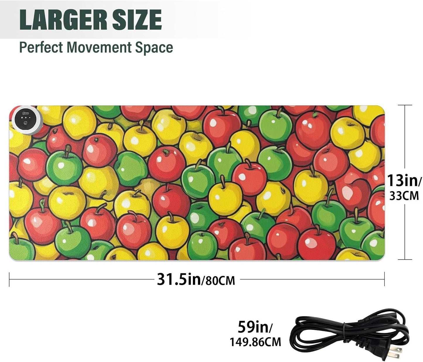 Heated Desk Pad Mouse Pad 31.5x13 Inch PU Leather Desk Mat with 3 Heat Levels Large Mouse Gaming Computer Laptop Mat Apples Colorful