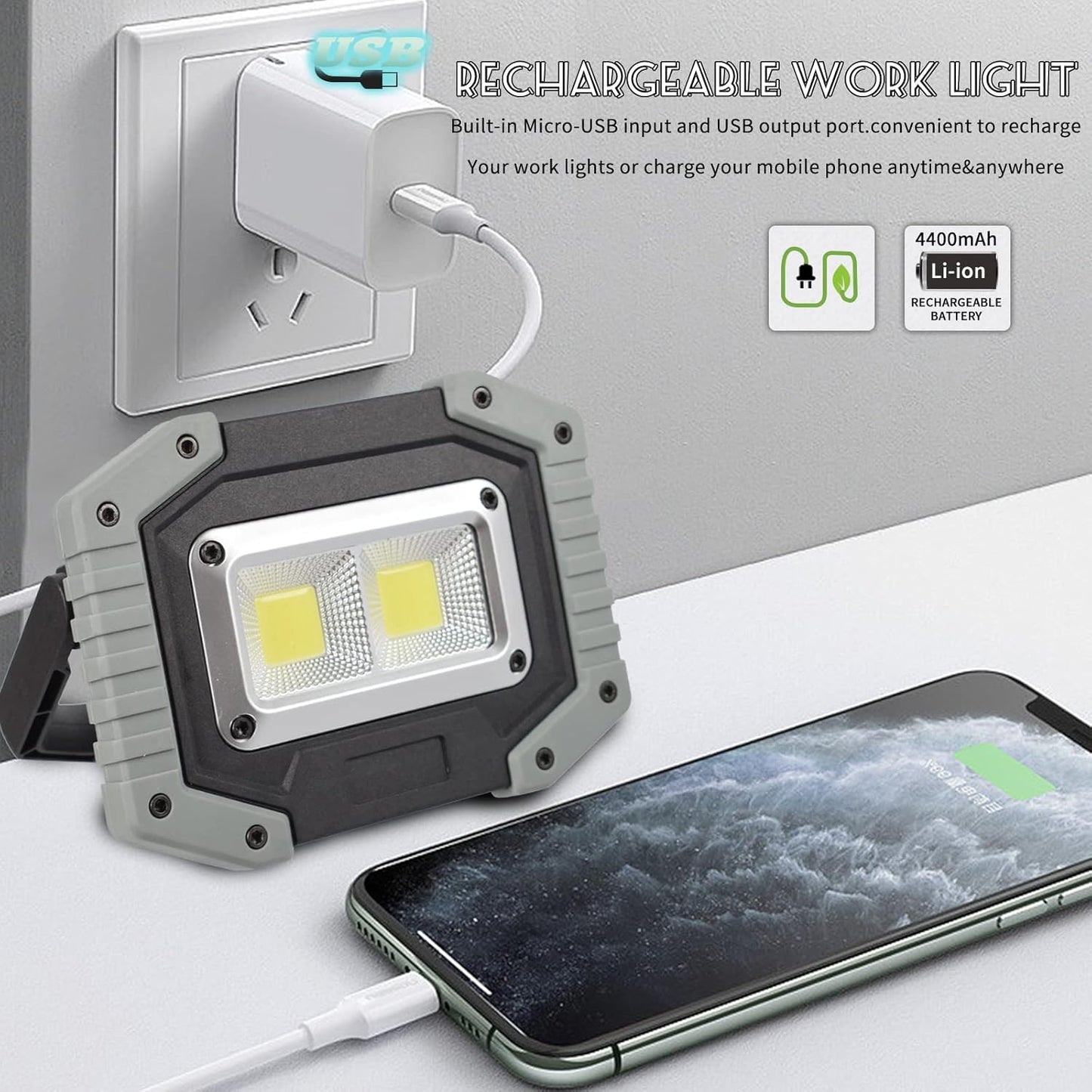 OTYTY LED Work Light 2-Pack, 30W 1500LM Portable Rechargeable Flood Lights with Magnetic Base, 4200mAh Battery for Outdoor, Camping, Hiking, Emergency, Car Repairing, Job Site Lighting (W840 Grey)