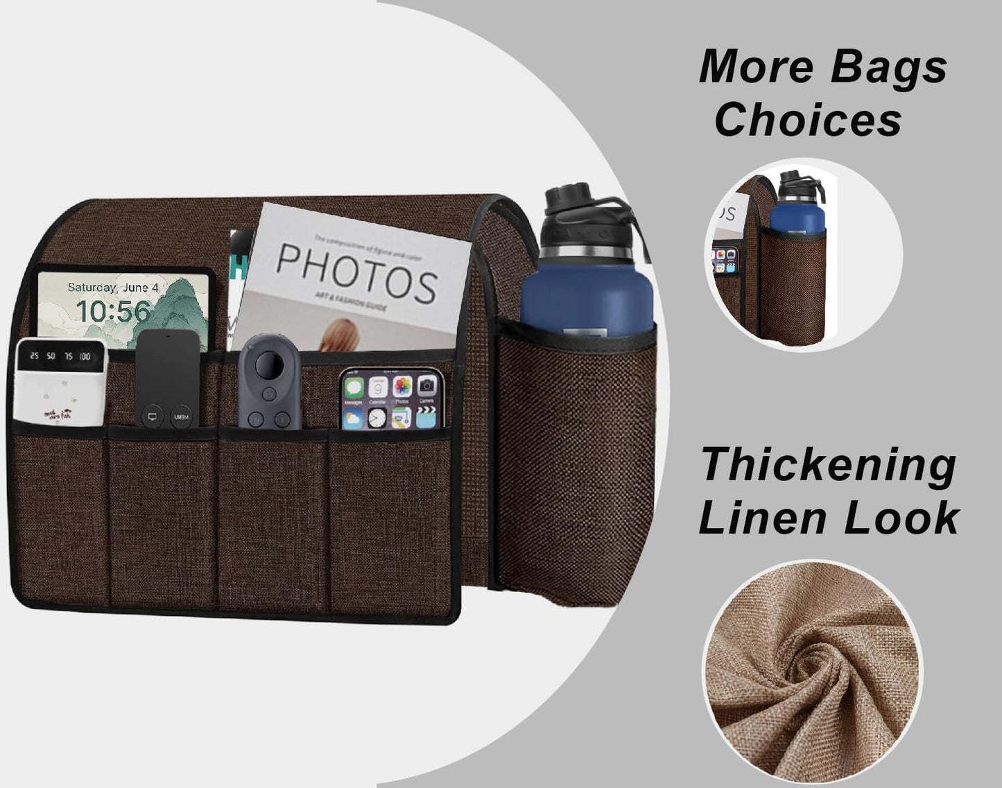 Ntomtuex Sofa Armchair Caddy Remote Control Holder with Water Bottle for Couch Recliner, Armrest Organizer with 7-Pocket Design for Magazines, Eyeglasses, iPad, Phone, Coffee