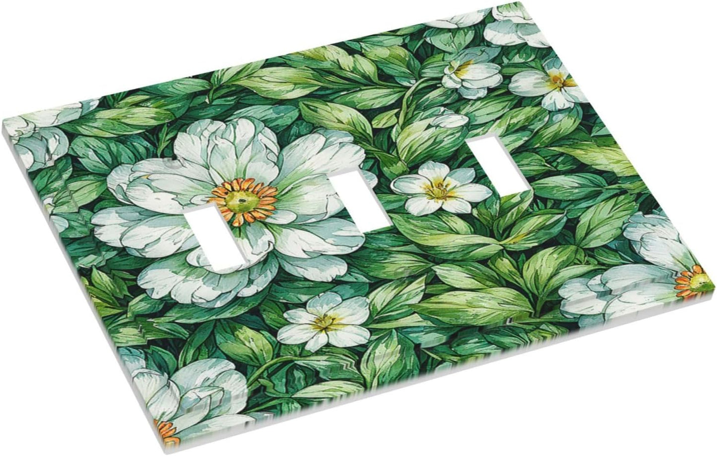 Vintage Floral White Flowers Green Plants Leaves Decorative Switch Plates 3 Gang Wall Plate Triple Toggle Light Switch Cover Electrical Wall Panels Faceplate for Bedroom Bathroom Decor