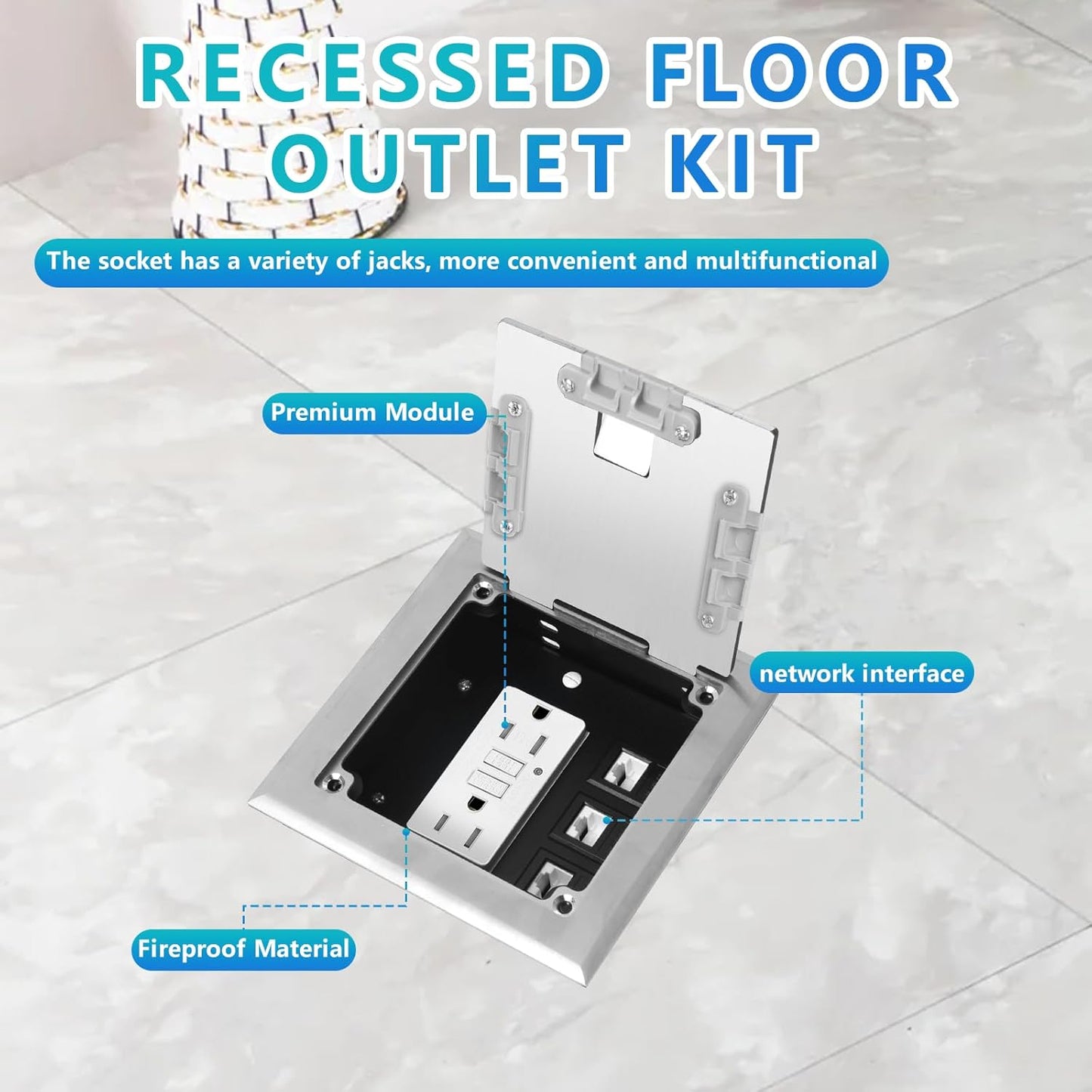 KYHSHJ Recessed Flat Hidden Socket Kit with 2 * 15 Amp Stainless Steel GFCI Tamper Receptacle Outlet+3-Port RJ45 Datacom Receptacle. Internal Height Adjustable，Corrosive Resistant Hardware，Silver
