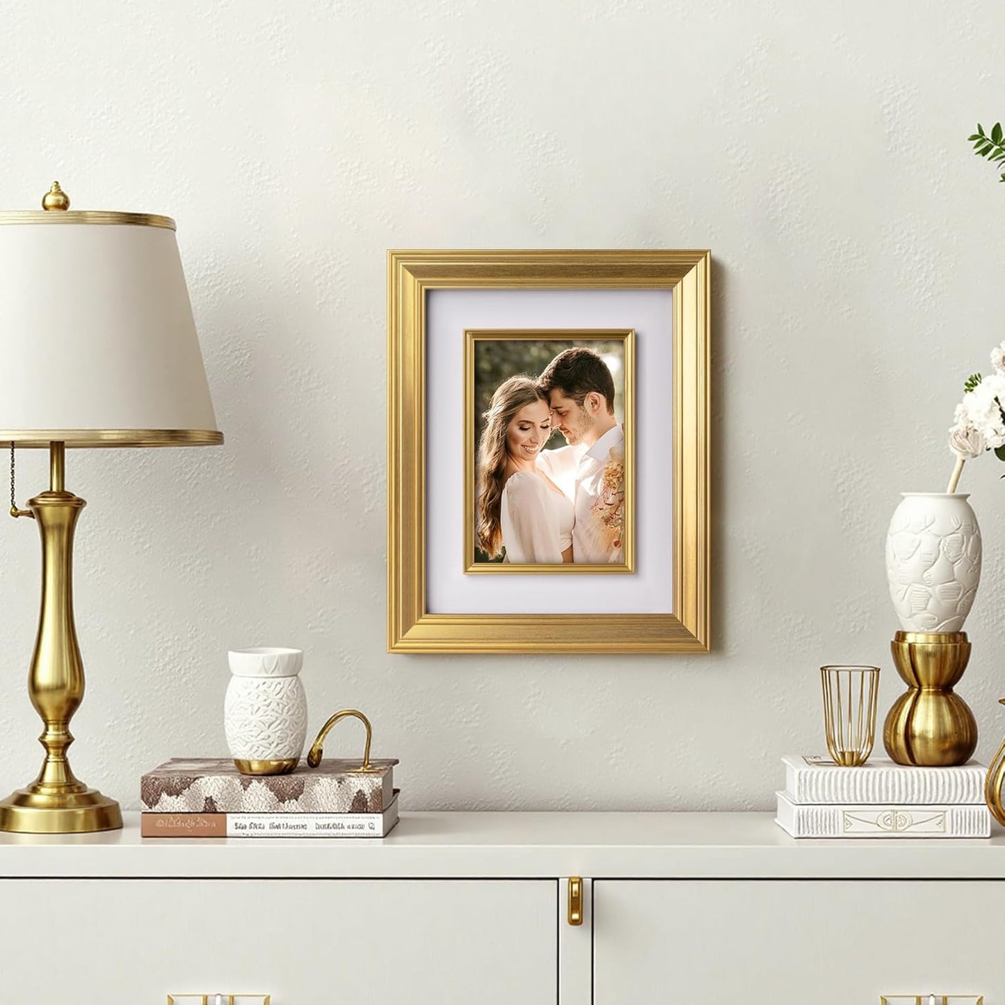 Yaetm 8x10 Gold Picture Frame with Decorative Inner Frame & Tempered Glass, Display 5x7 Photos with Mat - Portrait or Landscape - Tabletop & Wall Mount for Office & Home Décor (Gold, 2 Pack)