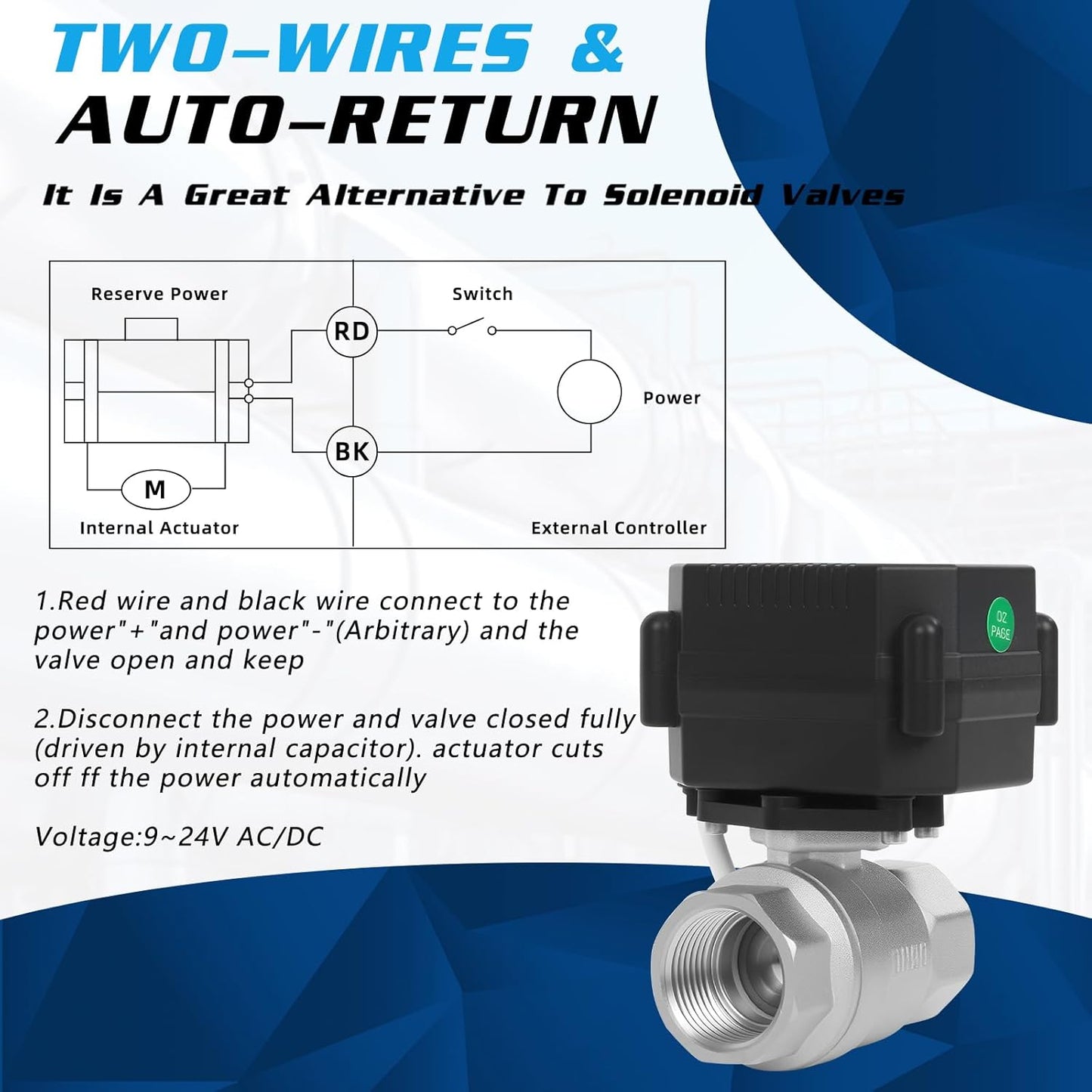 1/4" Motorized Ball Valve - 9-24V AC/DC Automatic Ball Valve,2 Wire Auto Return Electric Water Valve with Full Port,Stainless Steel