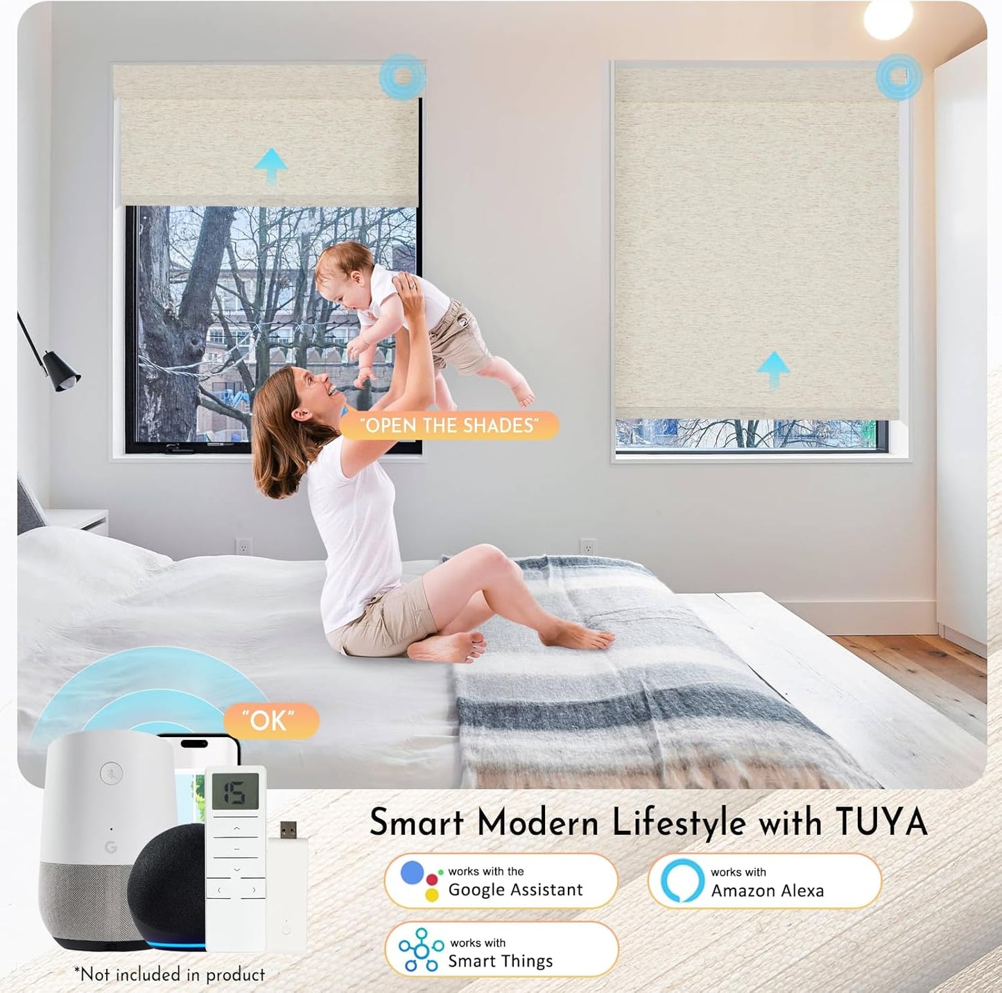 Persilux Smart Motorized Blinds with Remote, No Drill Automatic Roller Shades for Indoor Windows, Blackout Linen Fabric, Electric Blinds for Windows, Nature Cream C153BO-2, Custom Size