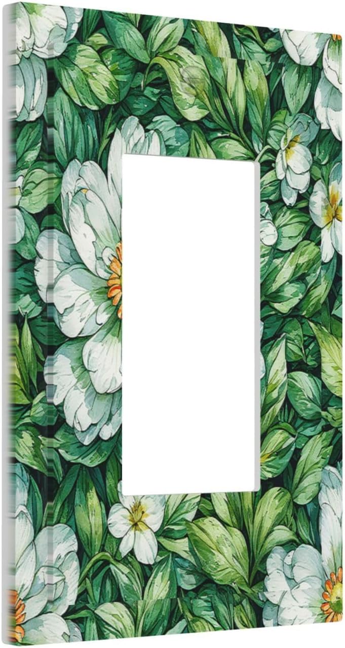 Vintage Floral White Flowers Green Plants Leaves Decorative Outlet Covers 1 Gang Single Rocker Light Switch Cover Plate Wall Plates GFCI Faceplate for Bedroom Bathroom Decor