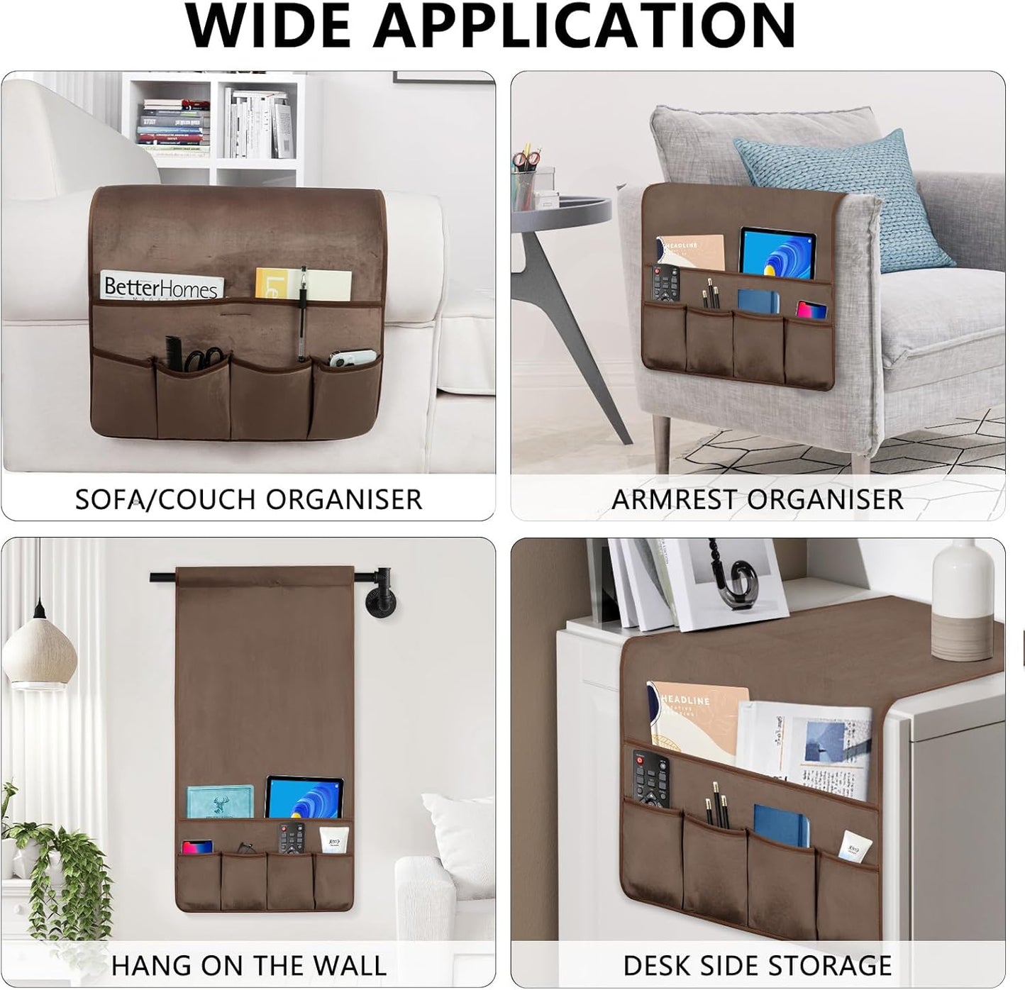 TV Remote Control Holder Couch Caddy, Non-slip Bedside Caddy Organizer with 5 Pockets for Key Glasses Phone Magazine Holders (Brown, 35''x18'')