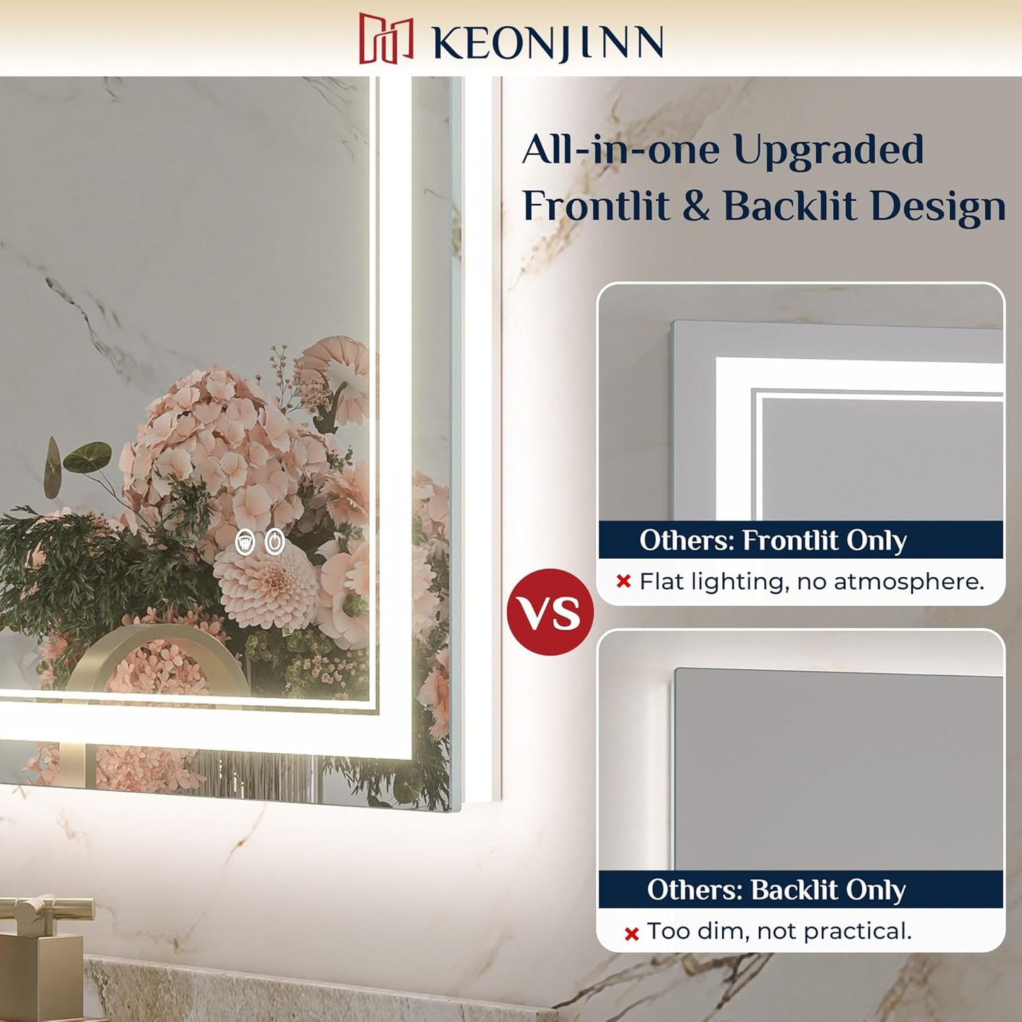 Keonjinn LED Mirror for Bathroom, 36 x 24 Inch, Wall Mounted, Dimmable, Anti-Fog, IP54 Waterproof, 3 Year Warranty