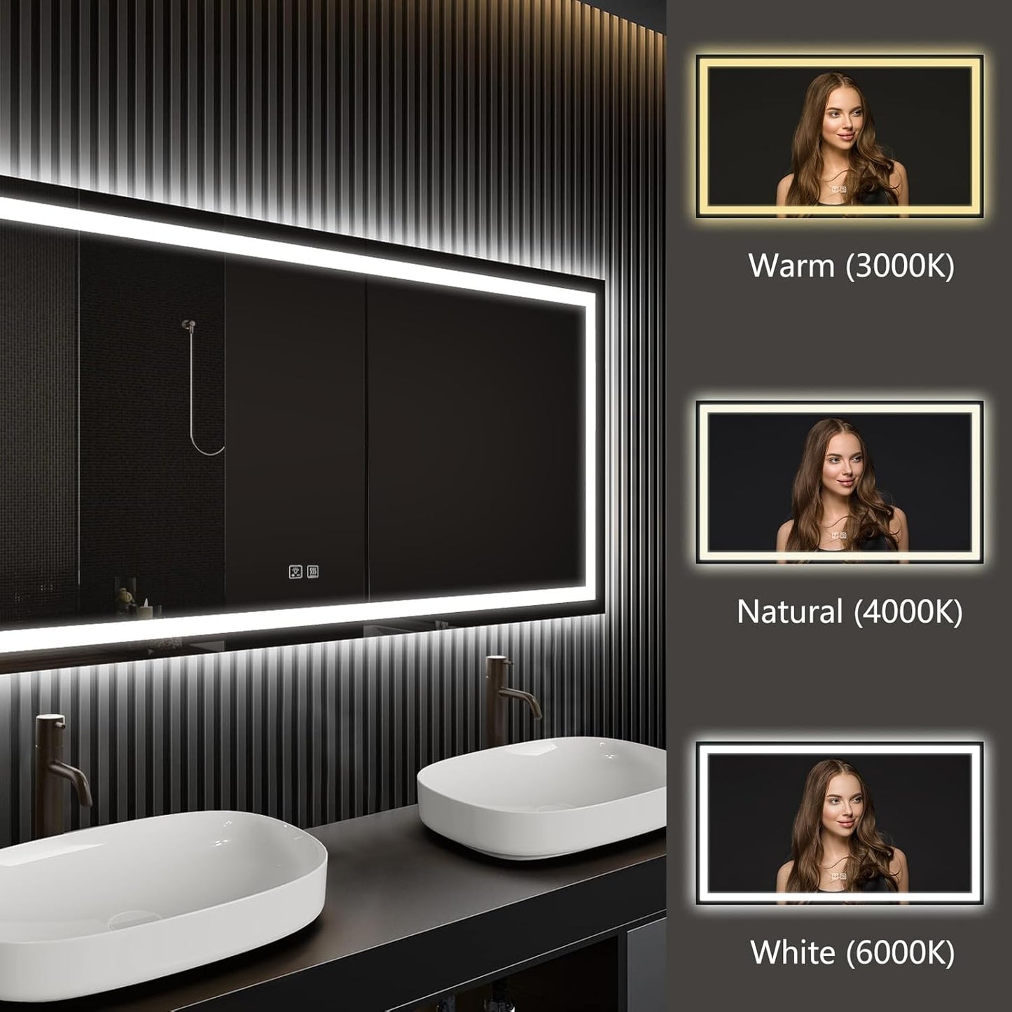 APRILSOUL 60x40 Inch LED Bathroom Mirror with Front and Backlit, Makeup Mirror with 3 Color Lights, Memory Function, Anti-Fog and Dimmable Light (Horizontal)