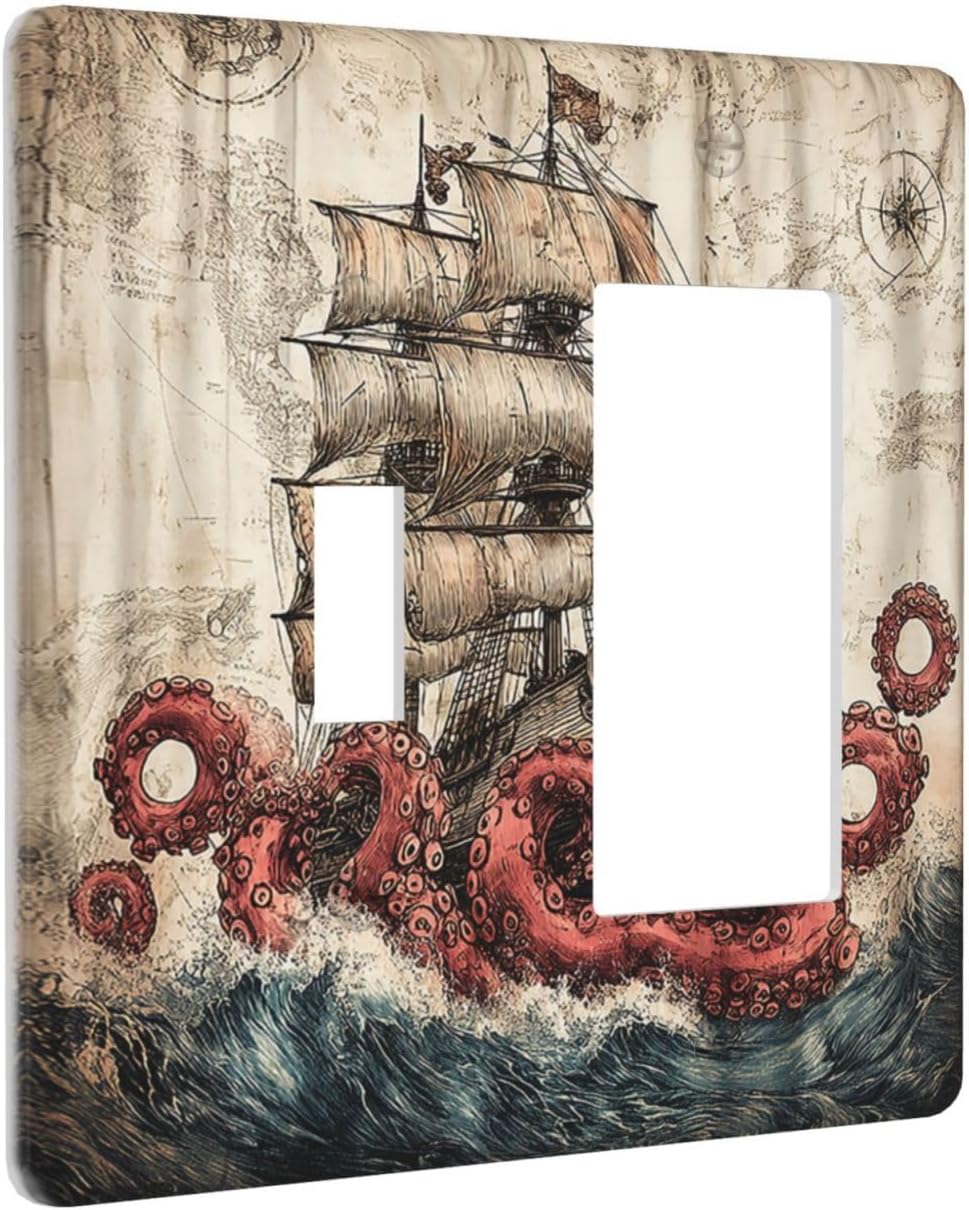 Outlet Covers Vintage Octopus Ocean Sailboat Bizarre Adventure 1 Toggle 1 Rocker Combination Decorative Wall Plate Light Switch Cover Plate Electrical Switch Plates for Bathroom Kids room Decor