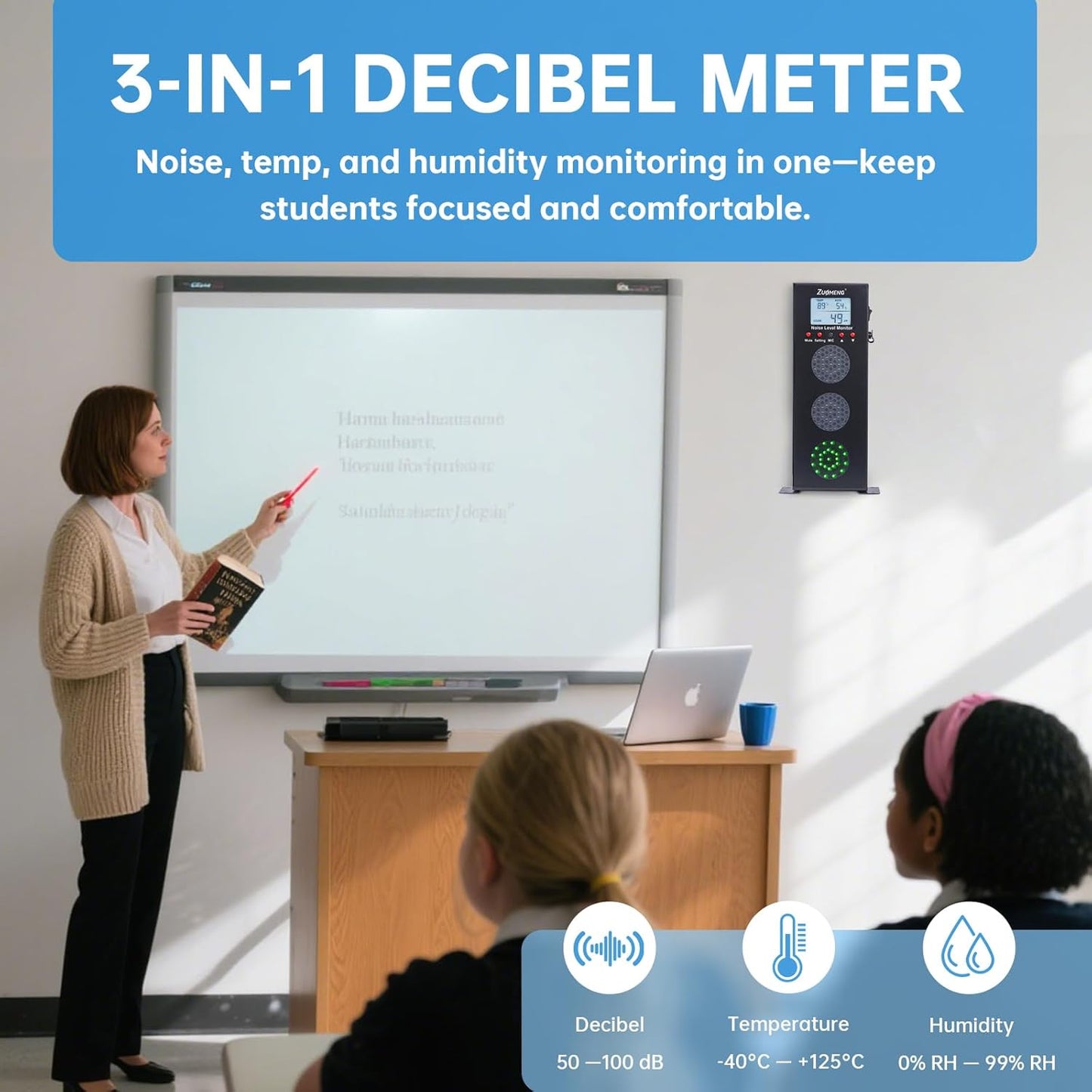 Noise Detector with Traffic Light Alert & Adjustable dB Threshold & Volume, Temp & Humidity Display, for Classroom Noise Control, Fun Interaction for Easy Noise Management