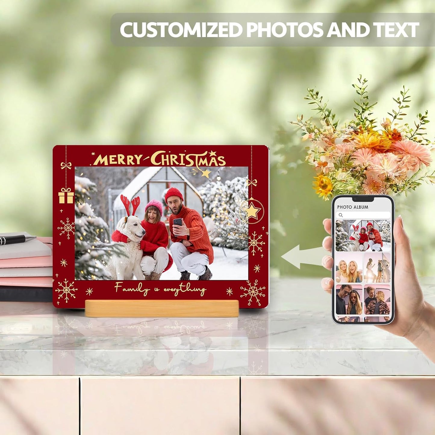 Custom Photo Prints - Metal Desktop Picture Frame with Photos & Text & Wooden Base Personalized Christmas Gifts for Family Lovers Pets and Friends, Optional Multiple Sizes
