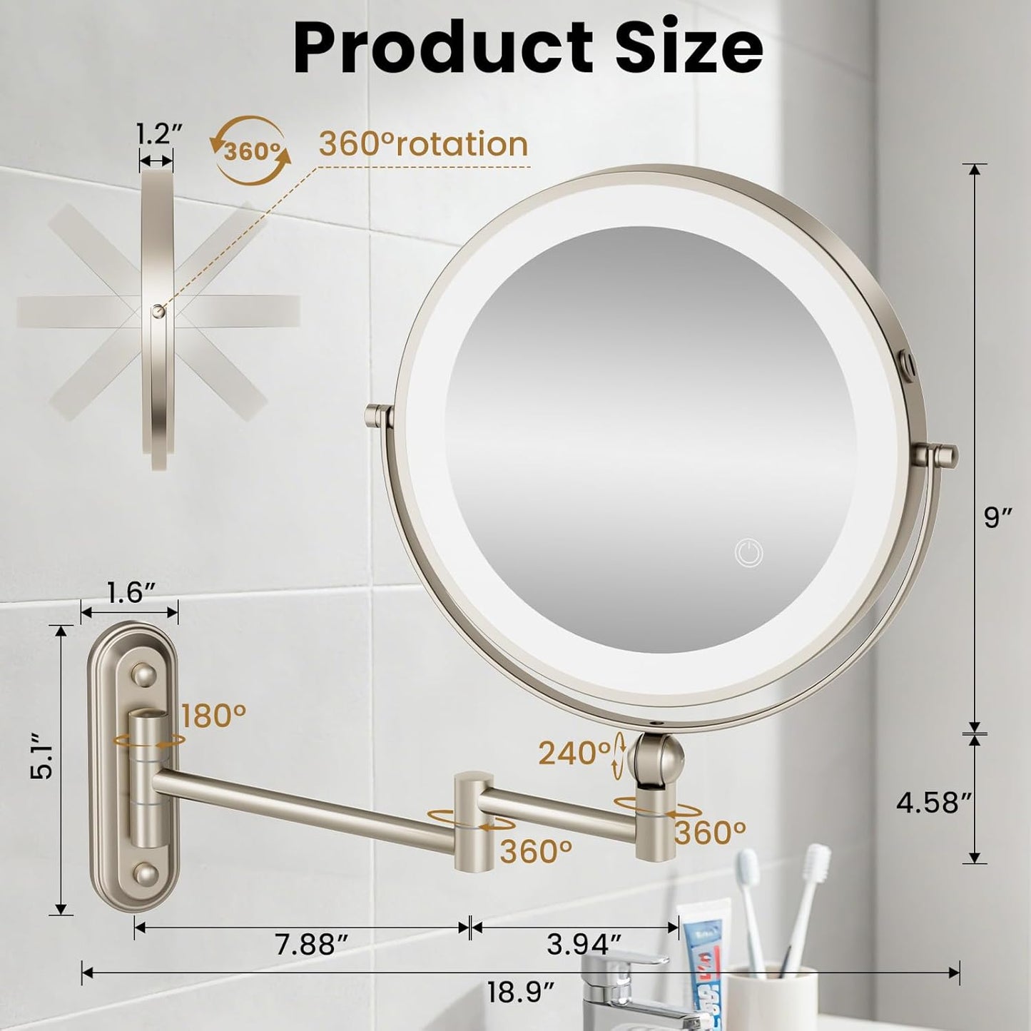 Rocollos 9-Inch Large Makeup Mirror with 30X Magnification, Rechargeable Wall Mounted Vanity Mirror with Lights, 3 Color Dimmable LED, Touch Screen & Retractable Arm-Black (9INCH-Nickel)