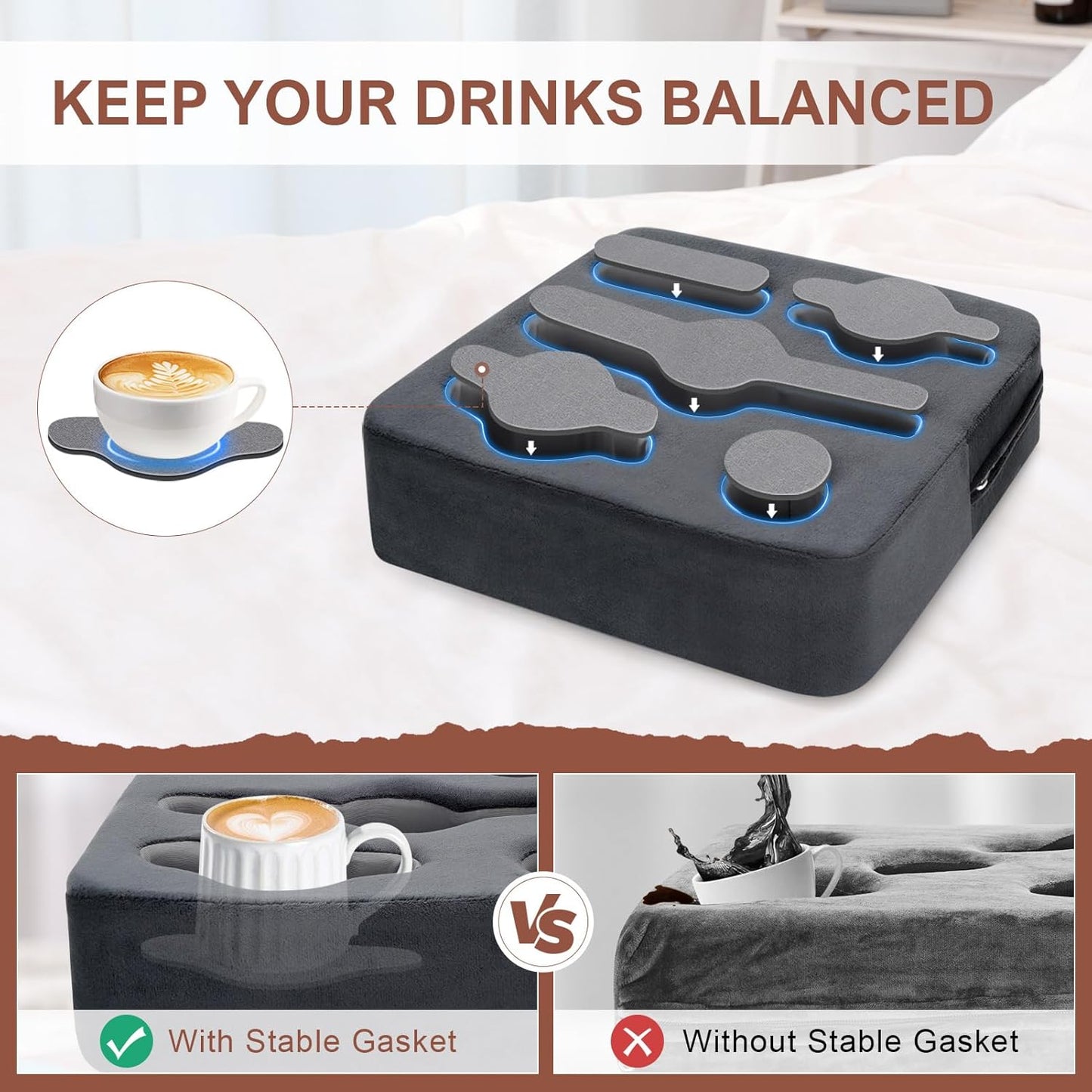 Couch Cup Holder Pillow - Sofa Cup Holder | Couch Caddy, Couch Drinks Remotes Holder for Cups, Headphones, Snacks， and Phones | Use it on Car, Pack, Beach, RV, and More(Grey)