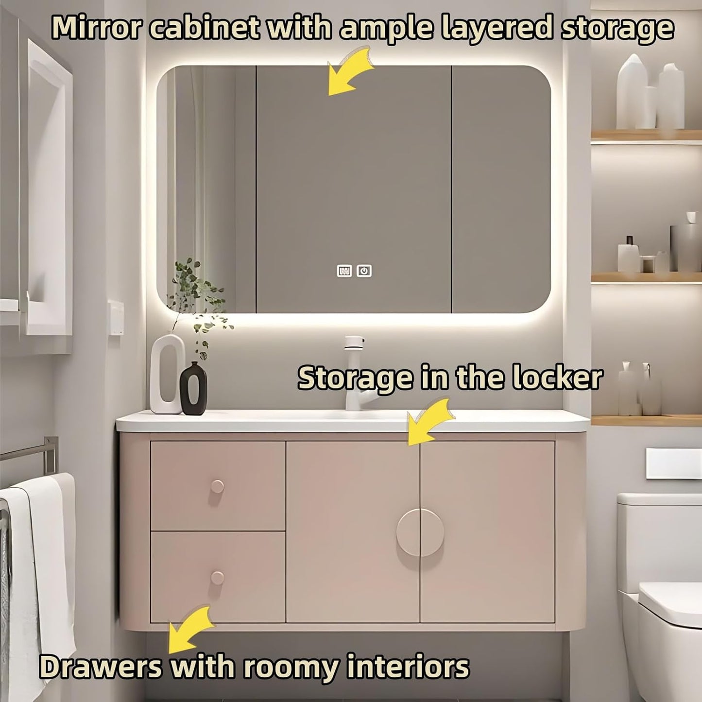 68IN Pink Modern Bathroom Vanity - Bathroom Vanities Set with 2 Drawers Wall Mounted | Rounded Corner Smart Defogging Mirror Cabinet with Lighting & Time Display, Side Opening Storage Shelf (Style B)