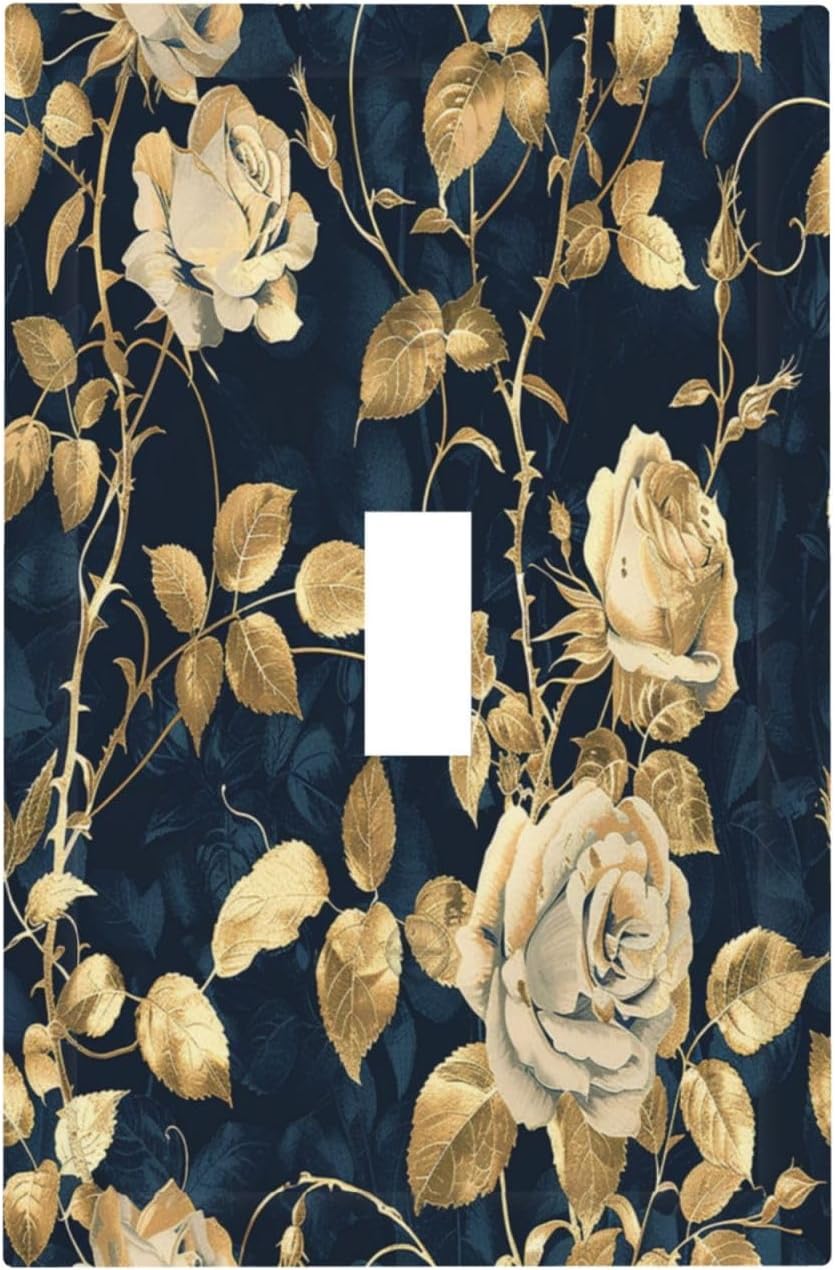Decorative Light Switch Cover Boho Vintage Floral Golden Flower Dark Blue Background 1 Gang Single Toggle Device Electrical Faceplate Switchplates Decorator Outlet Wall Plate for Bedroom