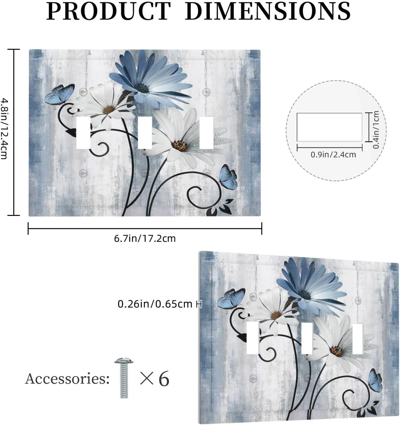 Decorative Light Switch Cover Plate Rustic Blue White Daisy Ink Flower 3 Gang Wall Plates for Electrical Outlets Triple Toggle Switch Plate Covers Outlet Covers Faceplate for Home Decor