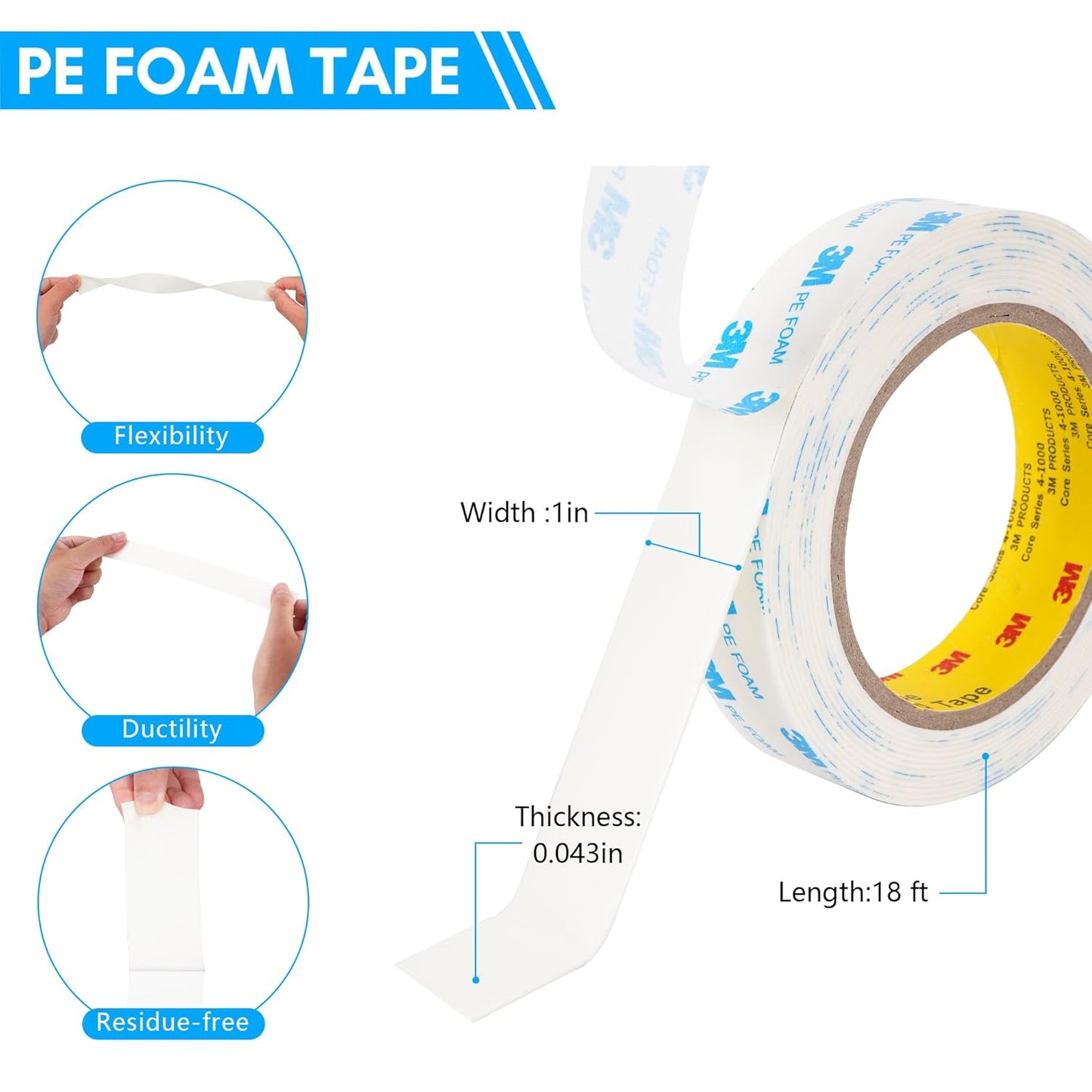 3M 1600T Double Sided Tape, PE Foam Tape 1" x 18 Ft White Removable Strong Adhesive No Residue for RV Picture Hanging, Posters Frames Wall Decor Indoor & Outdoor Use(2 Pack)