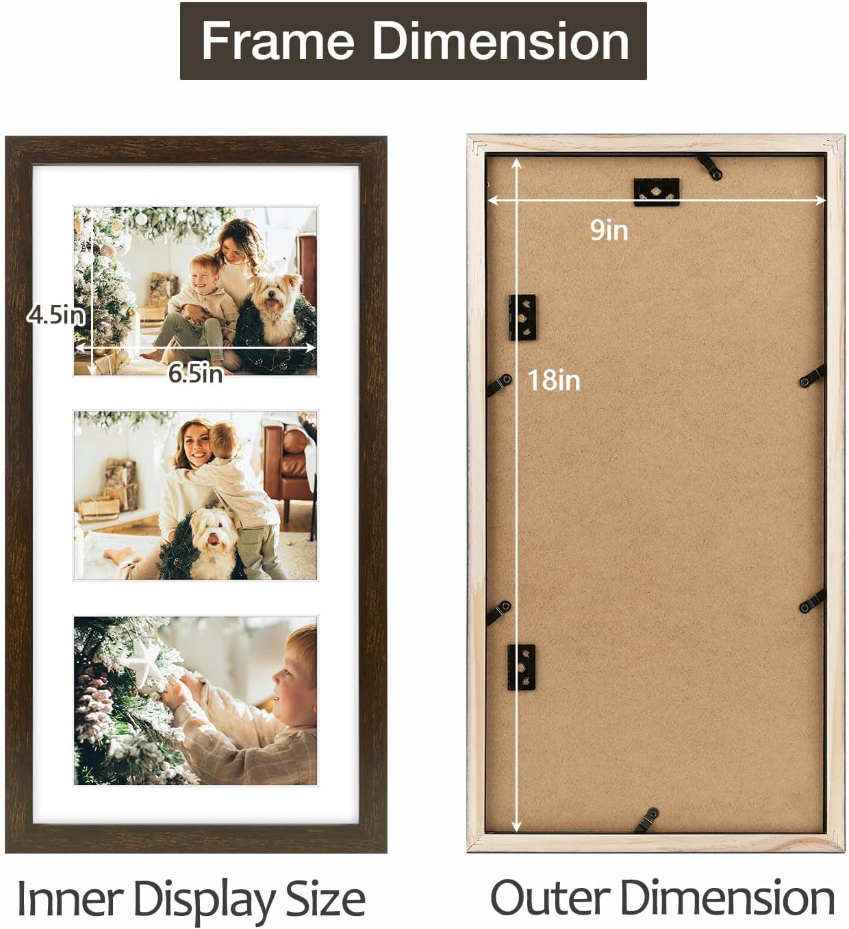 Golden State Art Three 5x7 Collage Picture Frame - Solid Wood with Tempered Glass - Multi Picture Frame Display Three 5x7 Photos with Mat - or One 9x18 Frame Without Mat for Wall Decor, Dark Brown