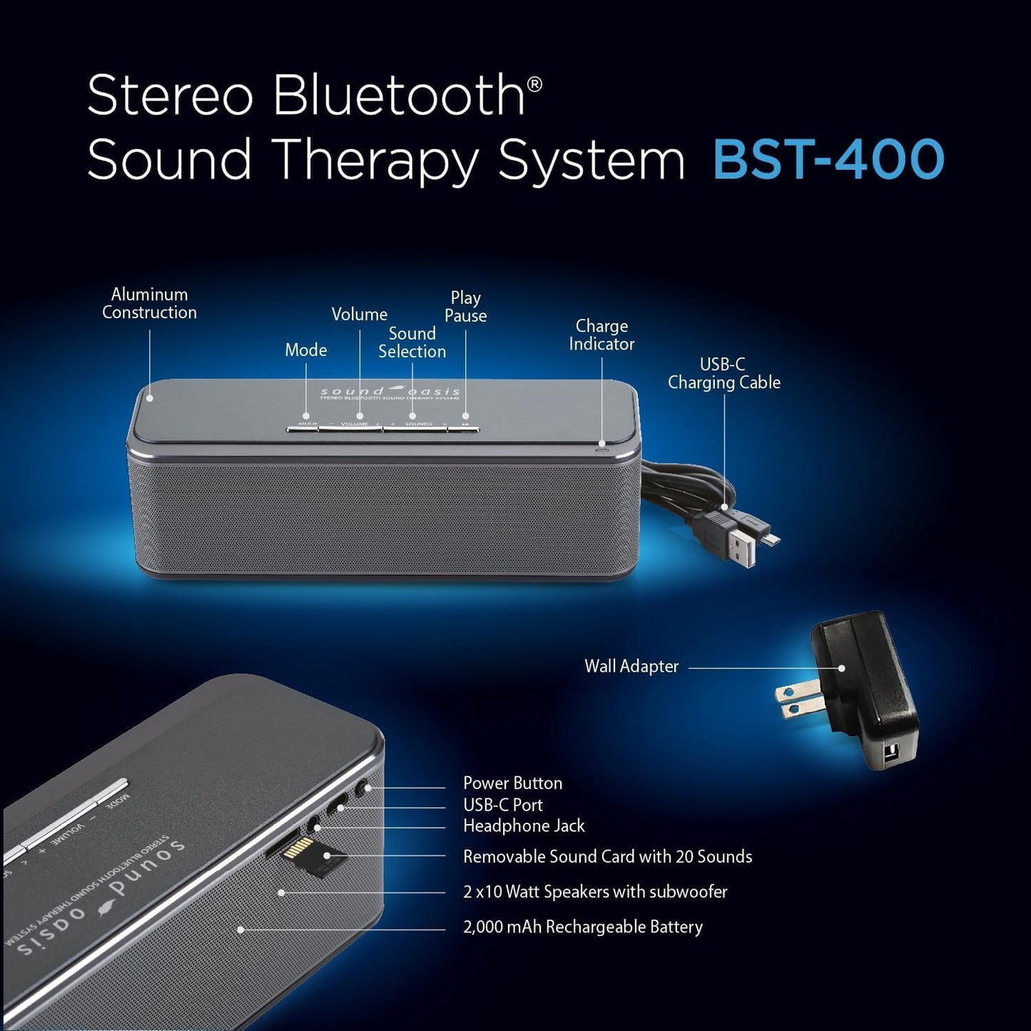 Sound Oasis Stereo Bluetooth Sound Machine for Sleep and Tinnitus Masking, 20 Non-Looping Soothing Sounds Plus Pink Noise, Hi-Fidelity Speakers, Portable Sound Therapy for Home, Baby, Office or Travel