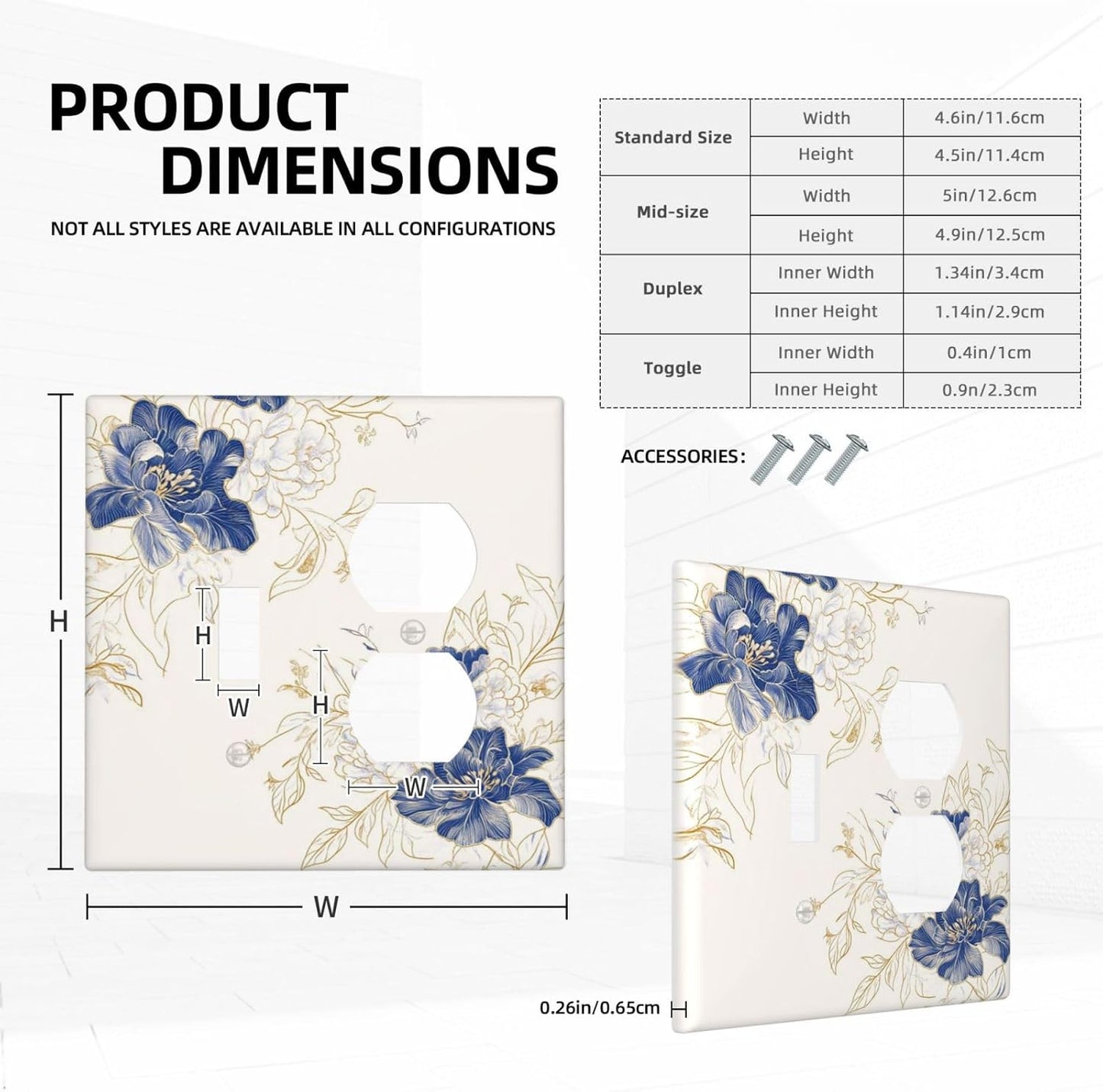 Decorative Outlet Covers Rustic Blue Flower Floral Gold Leaf 2 Gang Light Switch Cover Plate Single Toggle Duplex Wall Plates for Electrical Outlets Switch Plate Covers for Home Decor