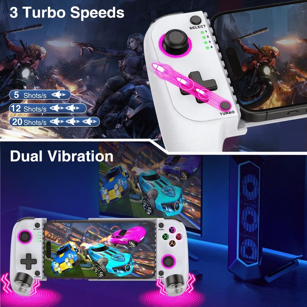 NealGamefy Phone Controller for iPhone/Android - Mobile Gaming Controller with Hall Effect Joystick, Phone Case Support,Turbo Function, Dual Vibration- Phone Controller Compatible with More Games