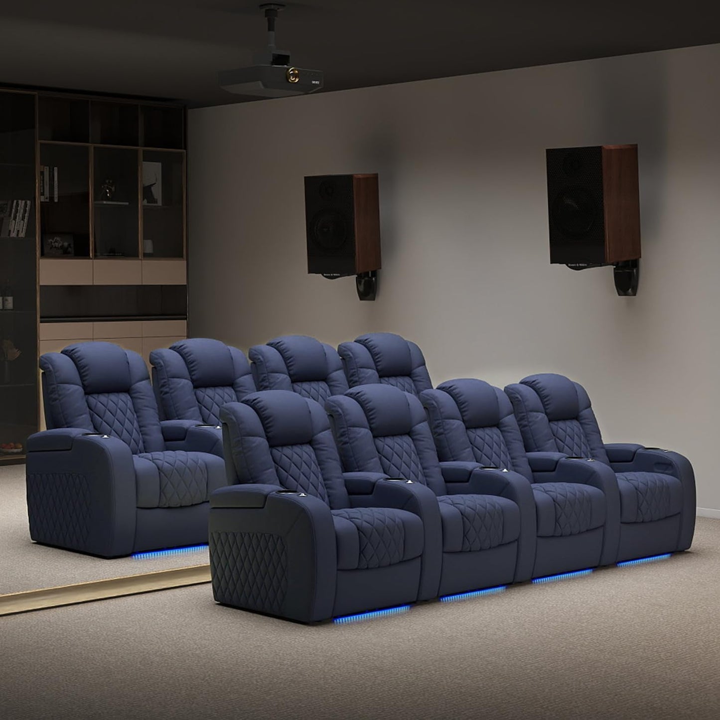 Weilianda Home Theater Seating Top Grain Leather Zero Gravity Recliner Chair Power Headrest Recline Movie Seat Gaming 7 Colors Mood Light Sofa with Tray Table USB Charge Row of 3 Loveseat Left Blue