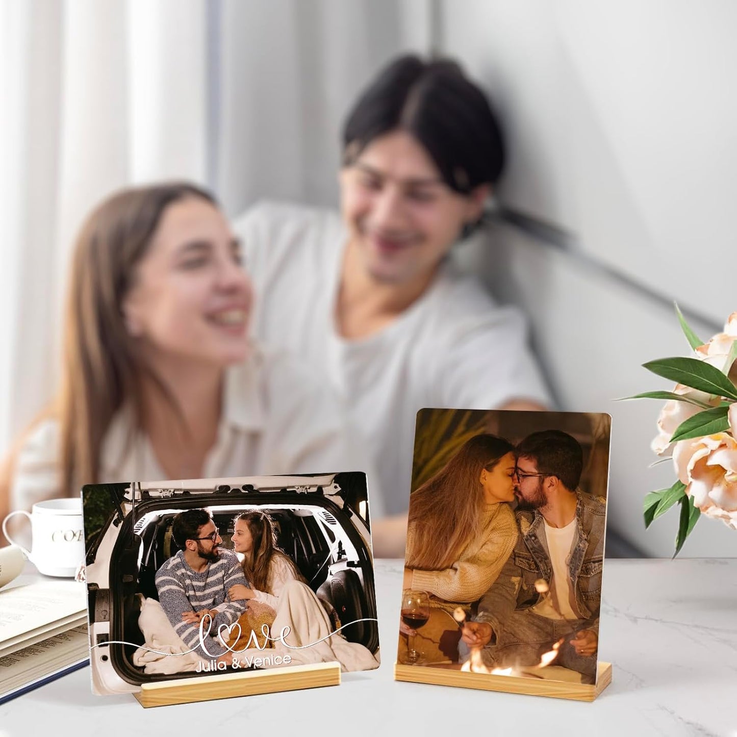 Custom Photo Prints - Metal Desktop Picture Frame with Photos & Name & Wooden Base Personalized Gifts for Family Friends and Lovers, Optional Multiple Sizes