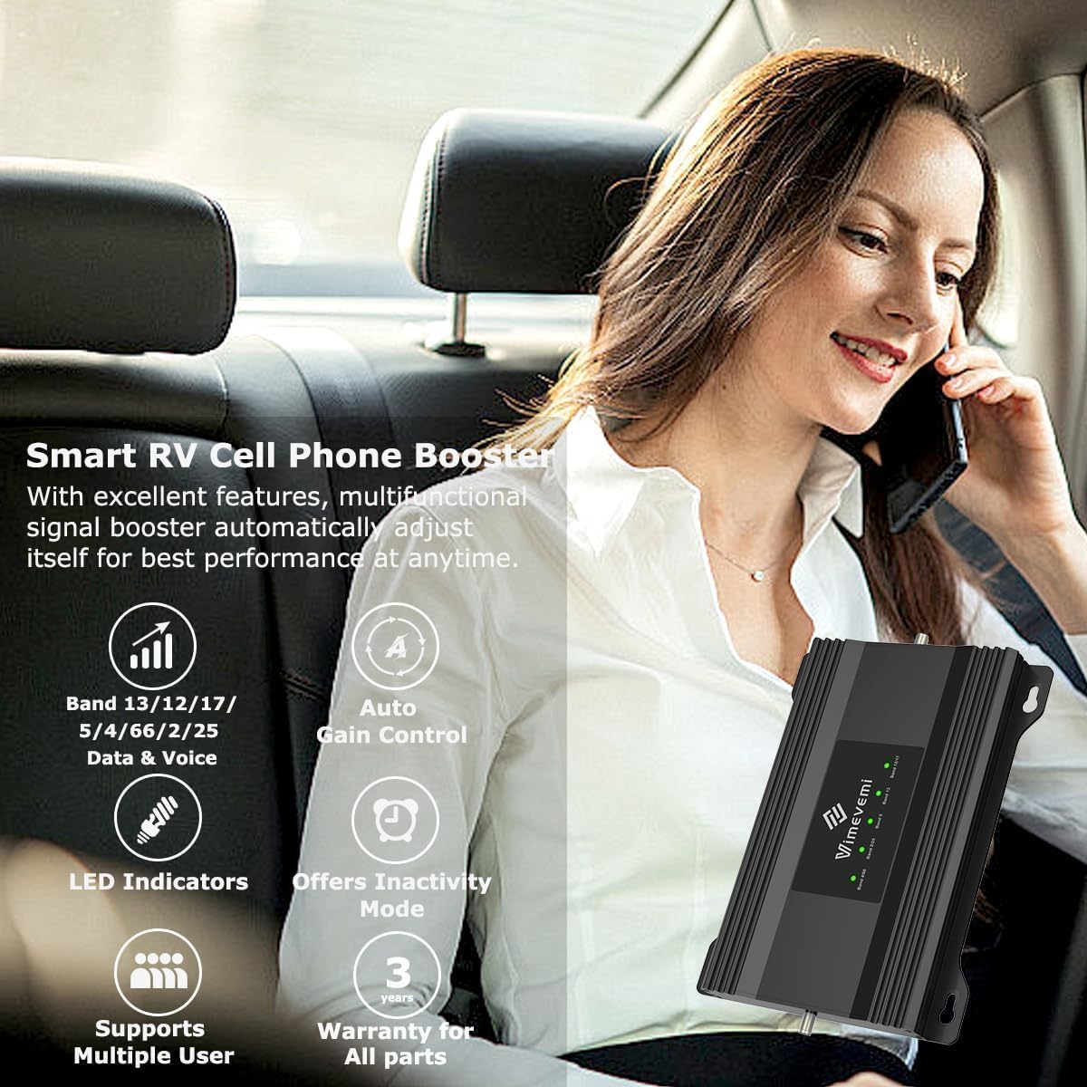 Vehicle Cell Phone Booster for Truck, RV, Car, Off-Road Vehicles & SUV | Boosts 5G & 4G LTE (Band 2/4/5/12/13/17/25/66) for All U.S. Carriers - Verizon, AT&T, T-Mobile & More | FCC Approved