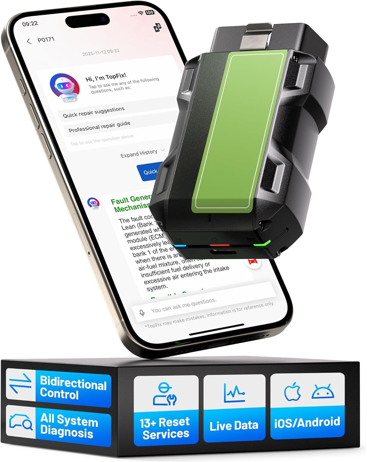 OBD2 Scanner Bluetooth TOPDON TopScan Pro, Bi-Directional Scan Tool with All System, 13+ Services for iOS & Android, FCA AutoAuth, CAN-FD, AI Assistant, Upgraded from TopScan Car Code Reader (Green)