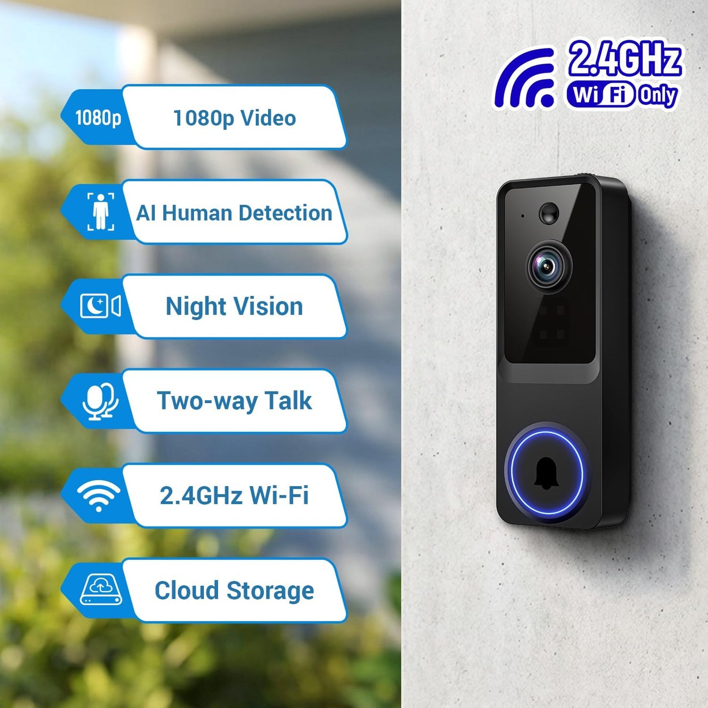 1080p Wireless Video Doorbell Camera for Home Security, with Cloud Storage, Real-Time Alerts, Night Vision, Indoor and Outdoor Monitoring, Battery Powered