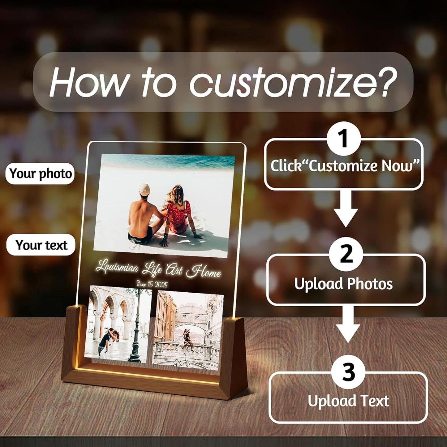 LOUISMIAA Customized Picture Frames with Night Light,Decorative Plaque Anniversary Birthday Mother’s Day Father’s Day Valentine’s Personalized Gifts for Boyfriend Girlfriend Couple Same Day Shipping