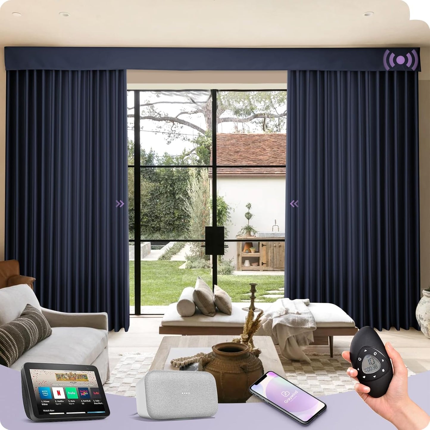 Graywind Rechargeable Smart Curtains Compatible with Alexa App Remote Control Motorized Drape for Sliding Door One-Way or Split Draw, Custom Width Up to 220" (Sapphire Blue)