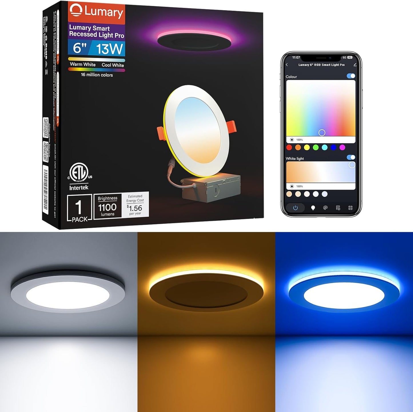 Lumary Smart Recessed Light Pro 6 Inch with RGB/Night Ring, 13W 1100LM Smart Wafer Downlight, Canless with Junction Box, Compatible with Alexa/Google Assistant/BT Remote, ETL Listed, 1Pack
