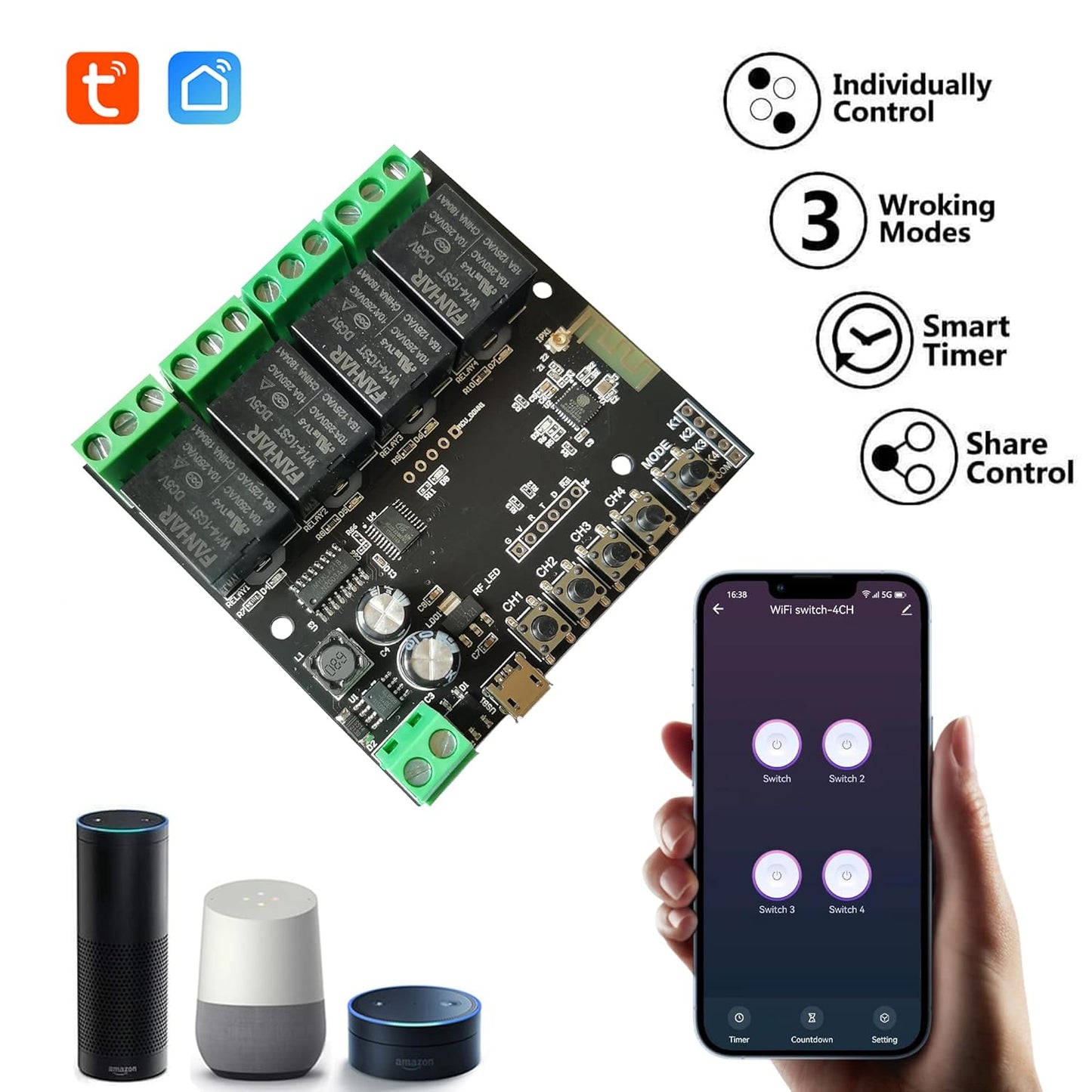 Jane Eyre 4 Channel Smart WiFi Relay Switch Module Momentary Self-Locking Controller DC 7-32V DIY Remote Control Garage Door Compatible with Alexa Echo Google Home