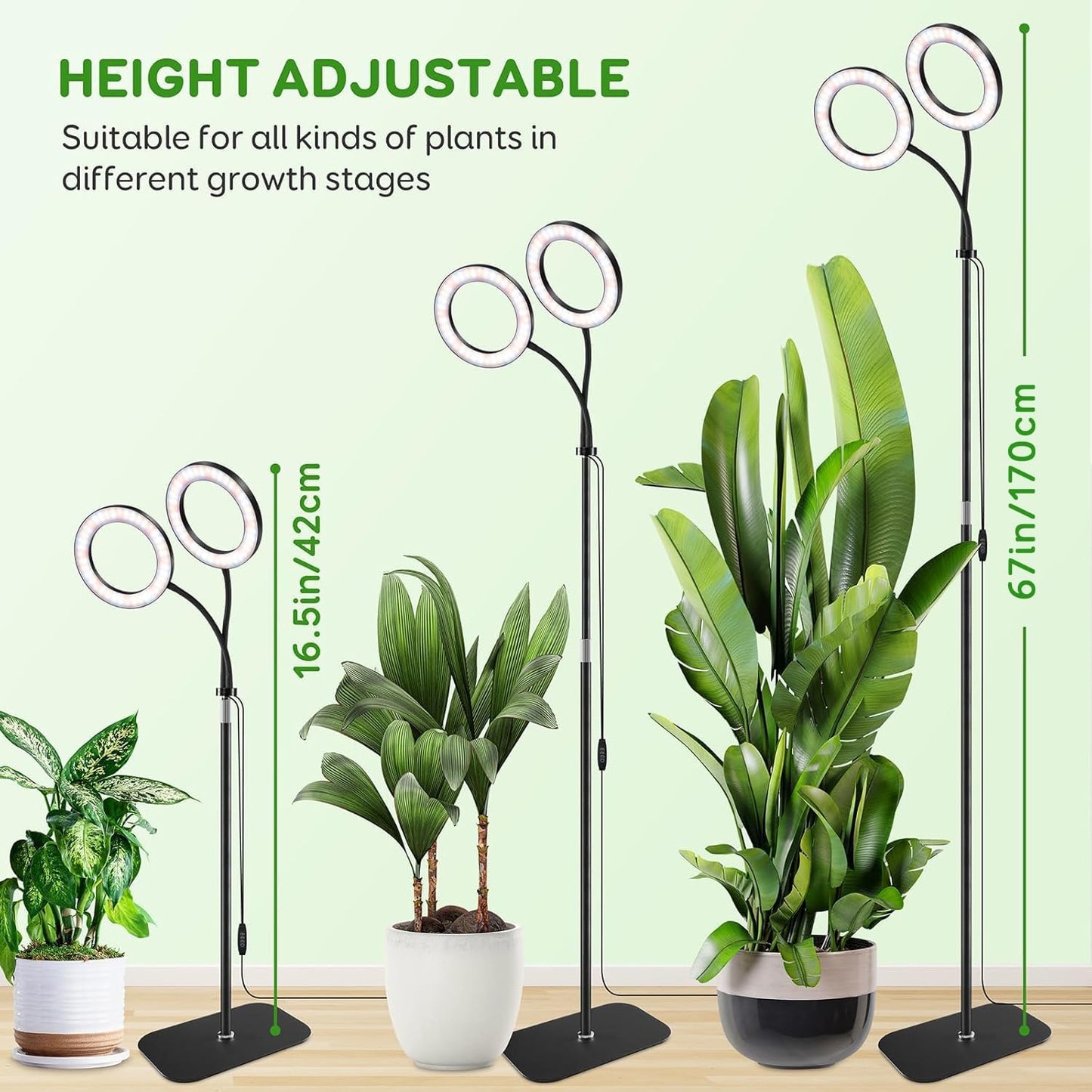 Dual Head Grow Light for Indoor Plants Full Spectrum Plant Light with 16.5"-68" for Growing Large Tall Plants Equipment with 3/9/12-hour Automatic Timers 3 Light Modes 10 Dimmable Levels