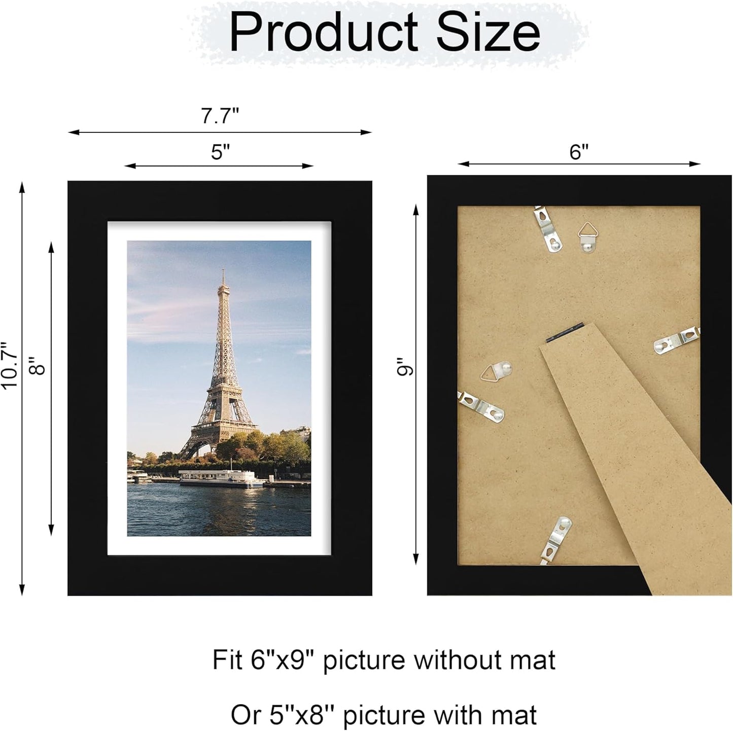 iRahmen 6x9 Picture Frame with HD Tempered Glass, Display Pictures 5x8 with Mat or 6 x 9 Without Mat, Wood Photo Frames for Tabletop and Wall Mount (Black, 1 Pack)